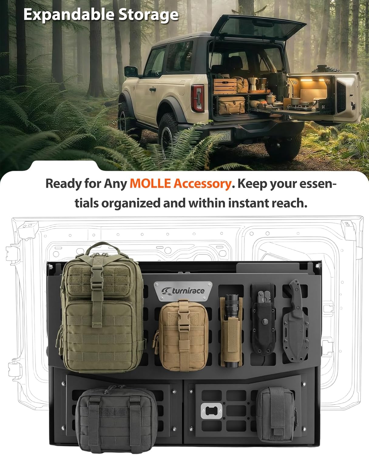 Tailgate Table with Molle Panel Compatible with Ford Bronco 2/4 Door 2021 2022 2023 2024 2025, Double Layer Rear Door Storage Rack Foldable, Pre-Assembled (Not fit for Bronco Sport)