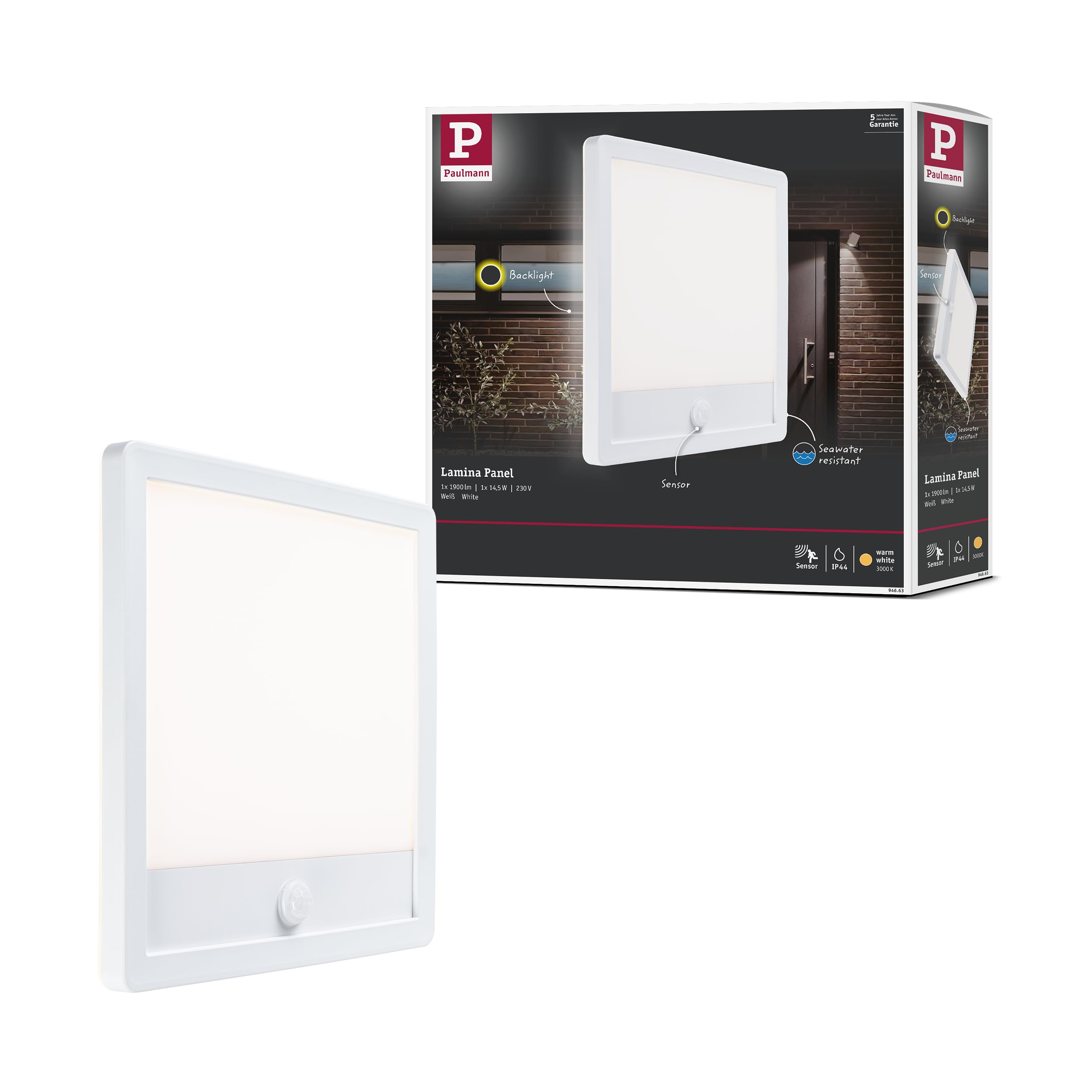 Paulmann 94663 LED Outdoor Light Panel Lamina with Motion Detector IP44 Square incl. 1x14.5 W Warm White White Outdoor Panel Plastic Light Panel 3000 K