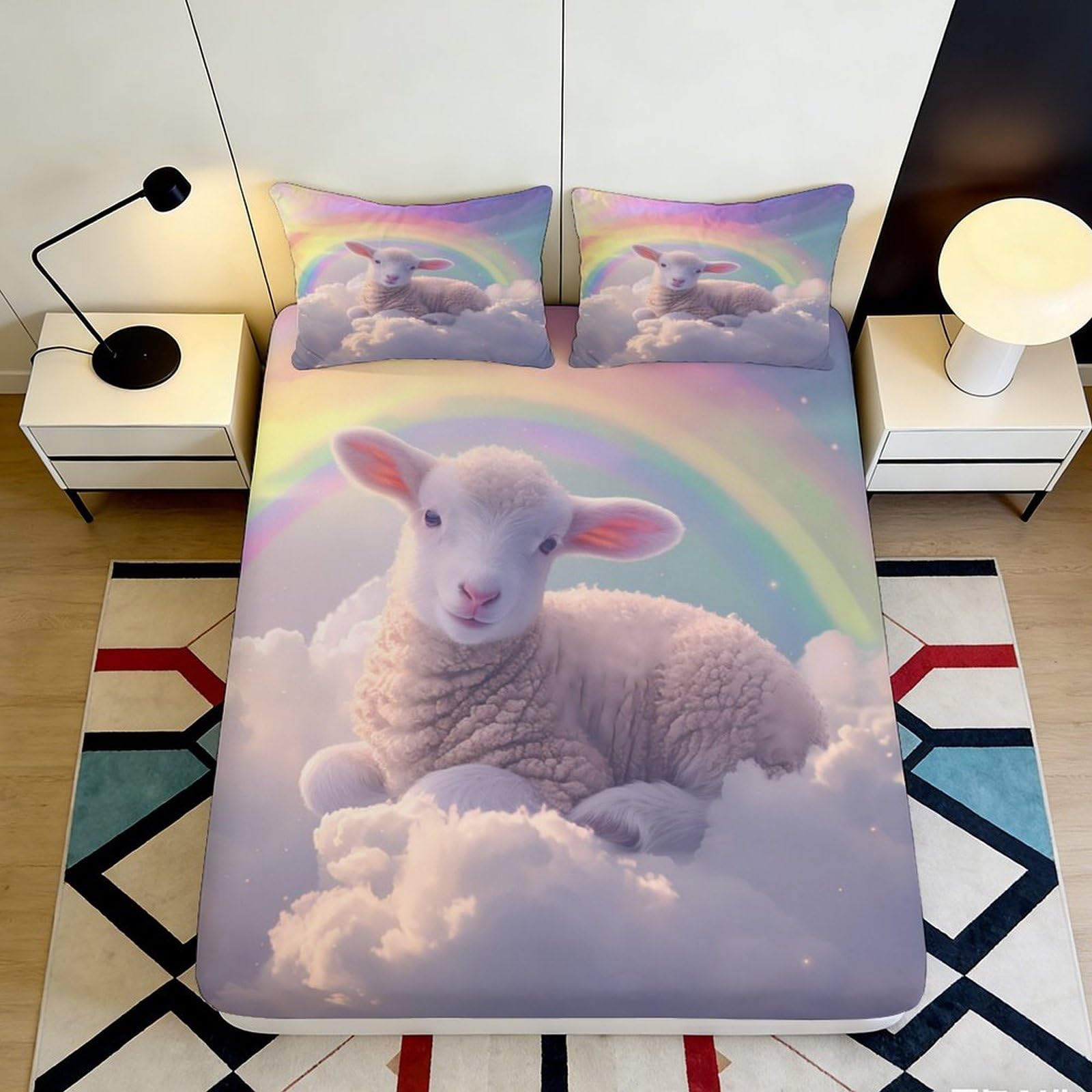 3D Printed Lamb Rainbow Fitted Sheet Microfiber Anti-Slip Mattress Cover Pastel Cloud Bedroom Decor Washable 180x200x25cm