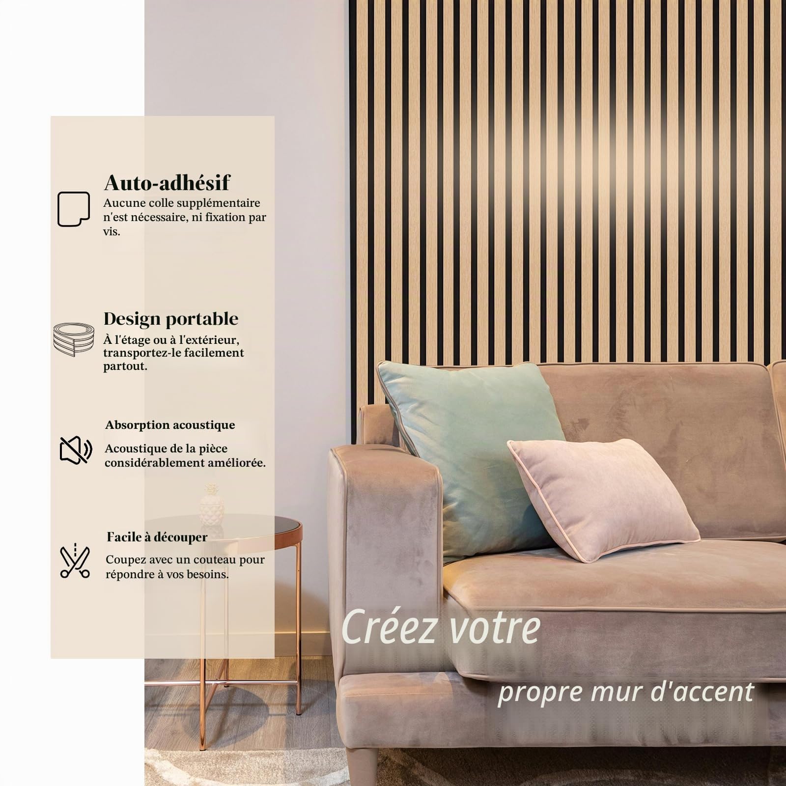 Panneaux muraux à lattes autocollants, panneaux muraux décoratifs à décoller et à coller, panneau en bois 3D pour murs (2,5 mètres/rouleau)