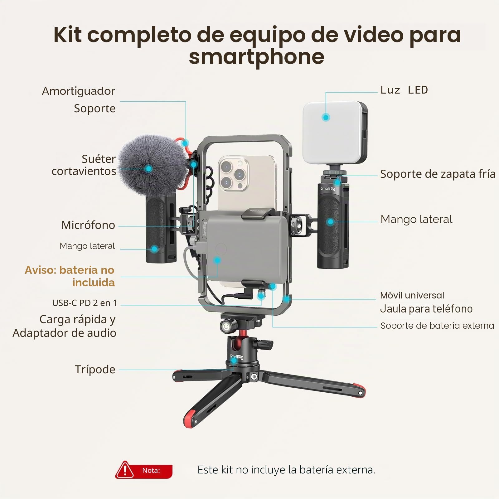 SMALLRIG Video Rig Kit para Teléfono Universal para iPhone 16/15/14/13/12 Series Teléfono Móvil Cámaras, Video Rig con Trípode, Micrófono, Luz LED, Side Handle, Soporte para Banco de Energía - 3384C