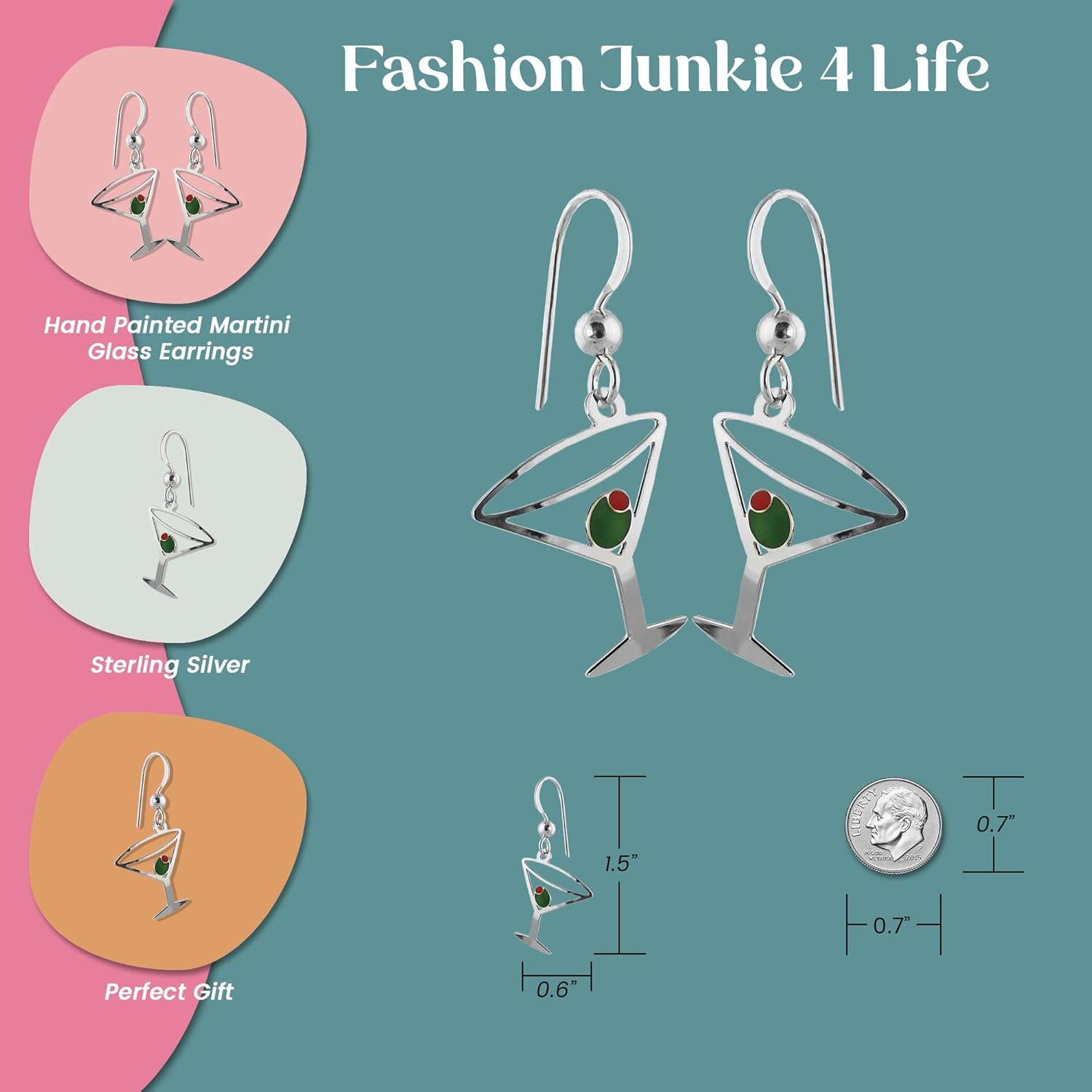 FashionJunkie4Life Hand Painted Martini Glass Earrings, Sterling Silver Ear Wires - Image 2