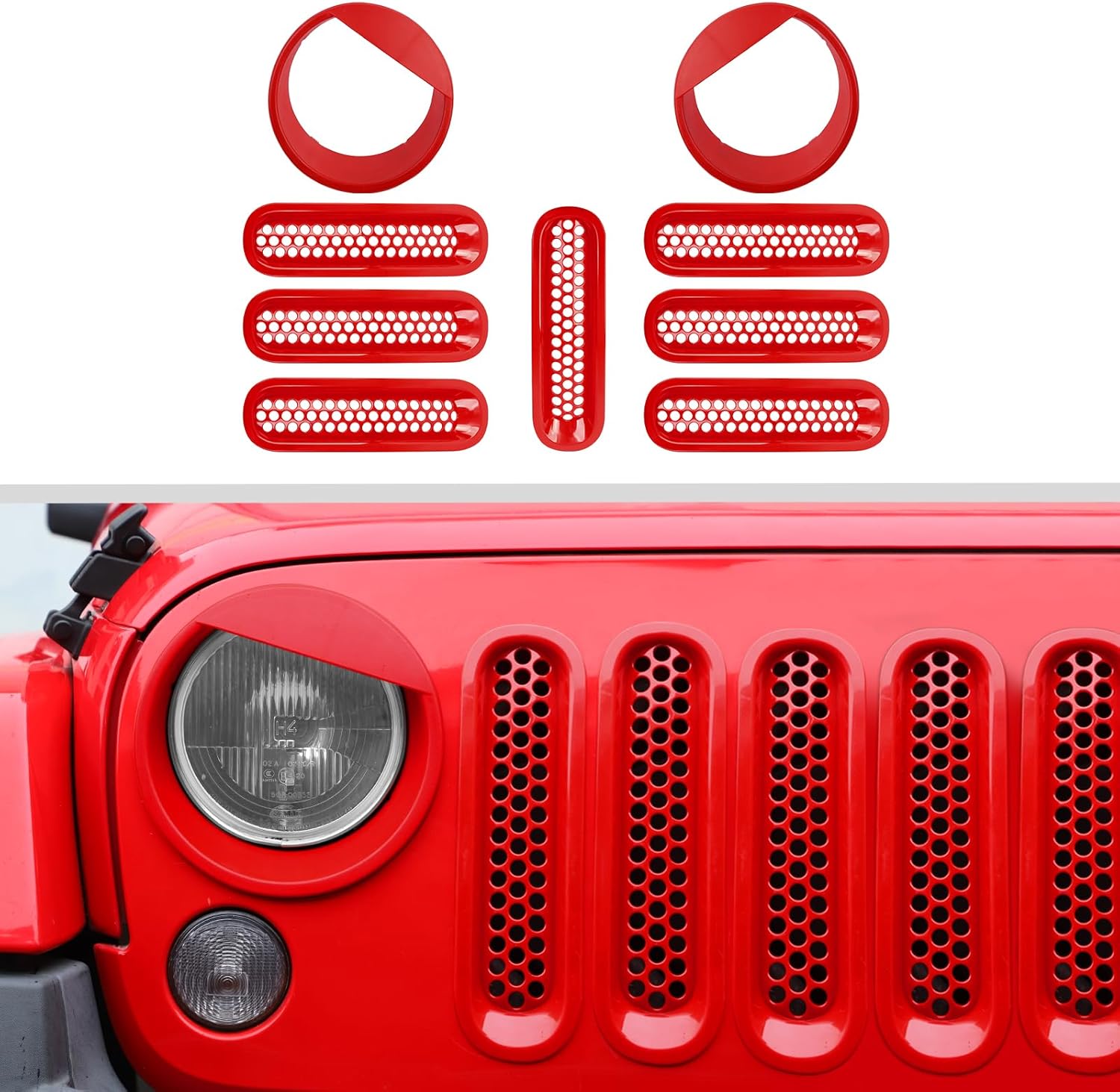 JWWY Front Grille Insert Radiator Grille Grillwork Surround Assembly Inserts Headlight Headlamp Cover Trim Set Fit for 2007-2017 Jeep Wrangler JK JKU Exterior Accessories 9pcs Pink