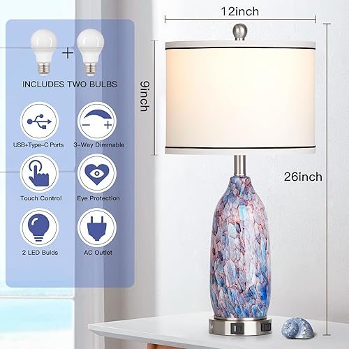 Miniatura 6 de Juego de 2 lámparas de mesa de cristal costero de 26 pulgadas, lámpara náutica con puertos USB A+C y salida de CA, lámparas de noche Bule con