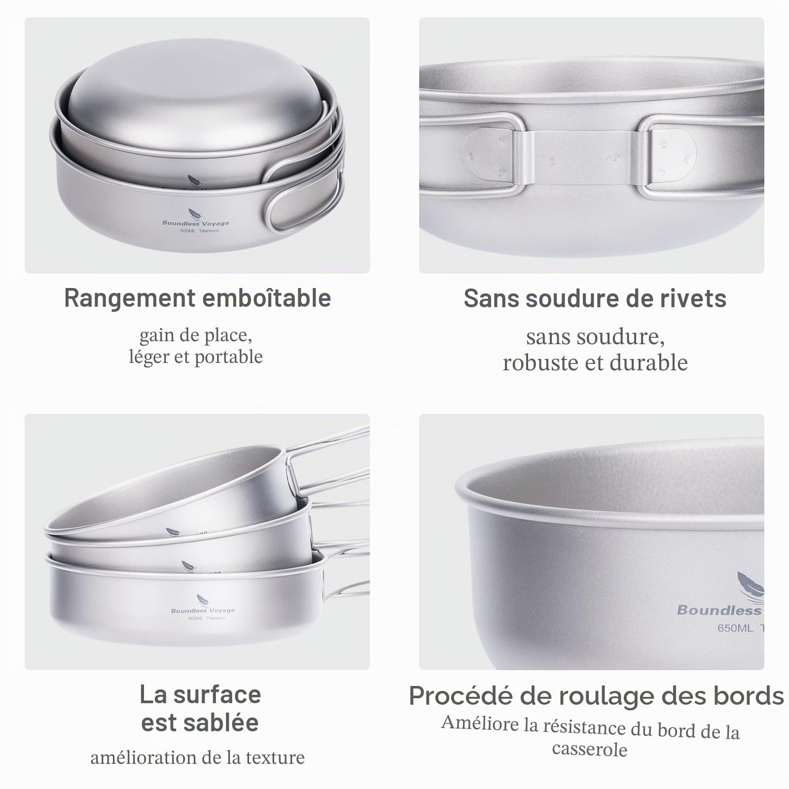 iBasingo Ensemble de casseroles et poêles en titane léger à suspendre pour le camping et l'extérieur, kit de cuisine portable avec poignée pliable