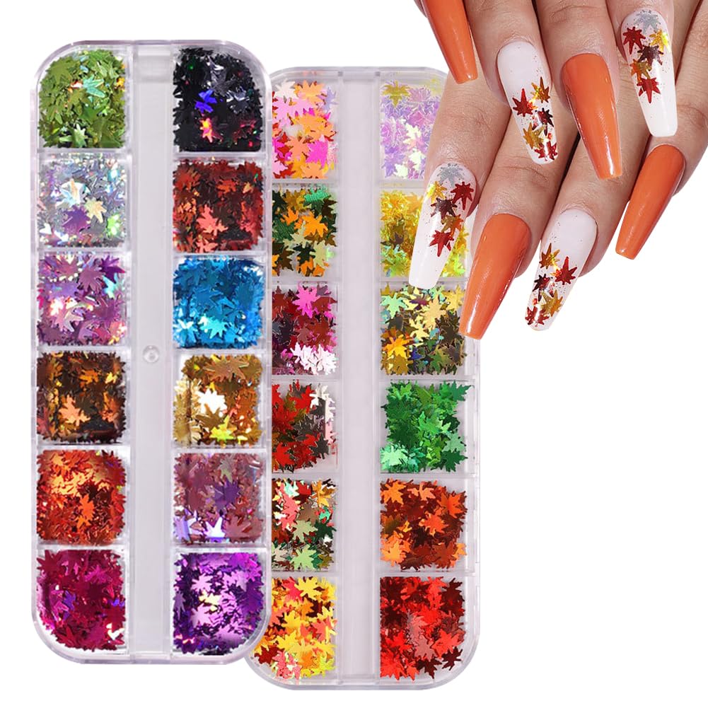 Eforcase 24 Grid Nail Sequins Nail Art Glitter Nail Sequins Glitter Maple Leaf Shape Sequin Sparkling Nail Charms Manicure Tips Nail Art DIY at Home Nail Supplies Nail Decorations Accessories