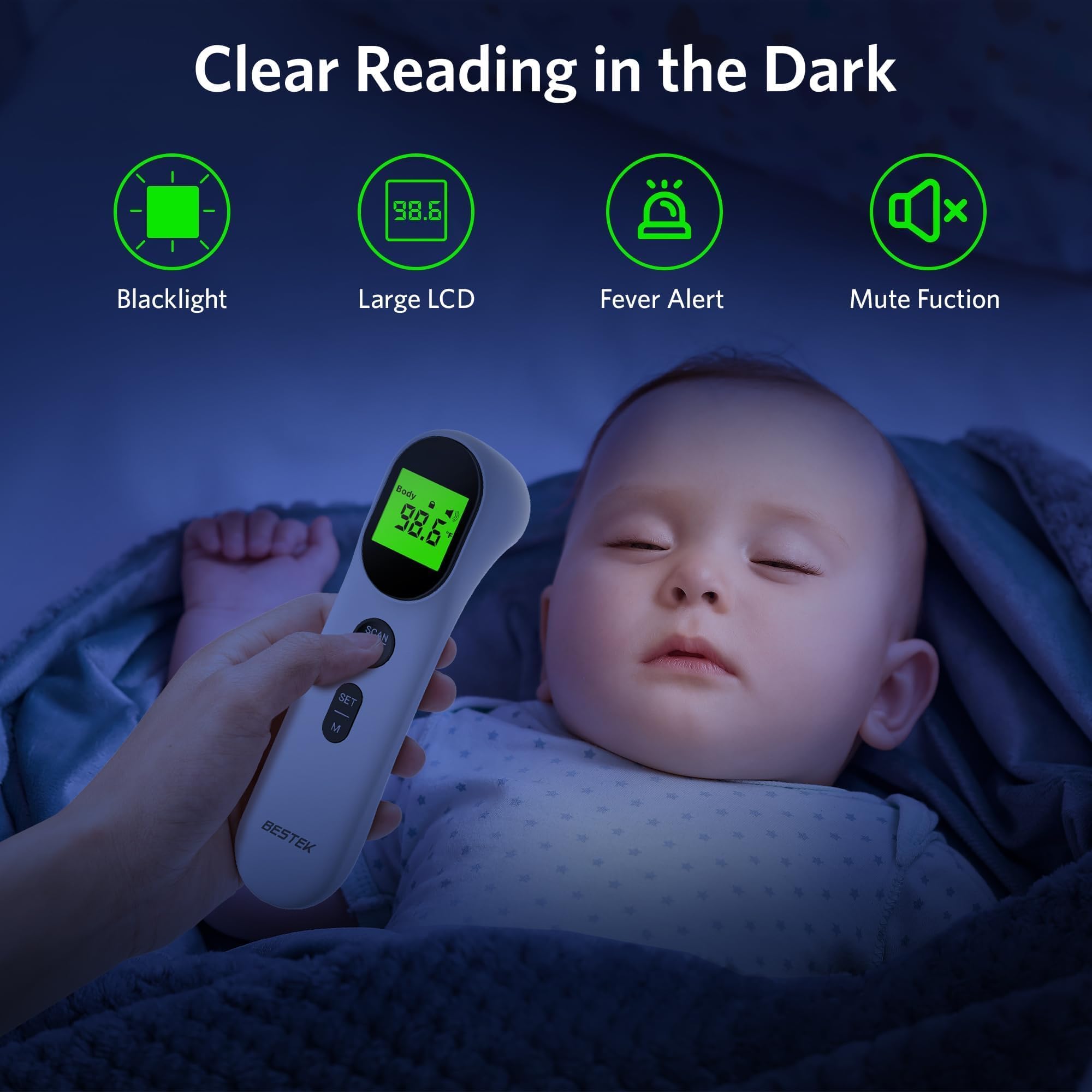 BESTEK Termometro Febbre Infrarossi Senza Contatto per Bambini e Adulti Bambini,Termometro Neonato Frontale Digitale Lettura Istantanea in 1 Secondo, Accesso Rapido alla Memoria, Display LCD