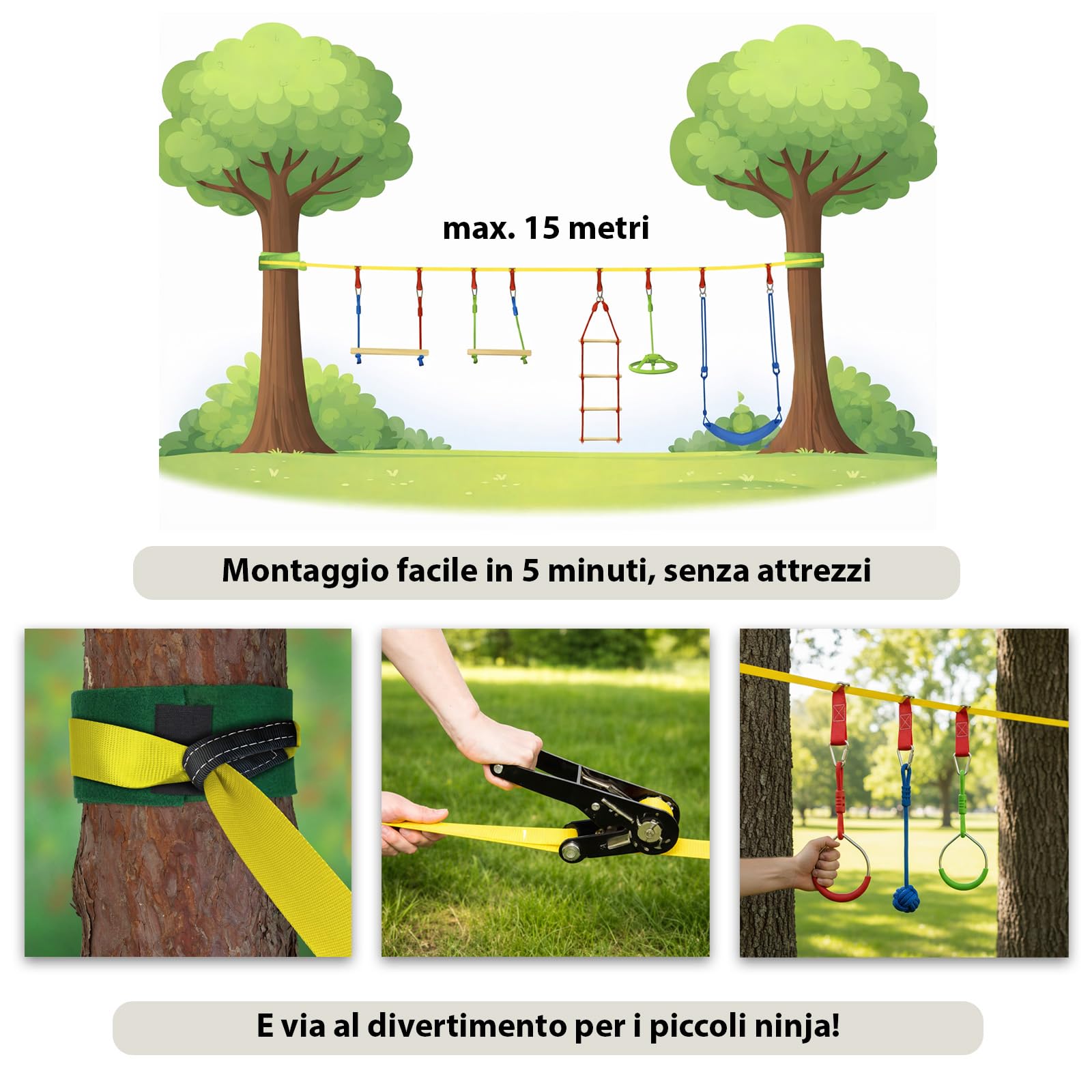 ALPIDEX Ninja Warrior Set 15 m Gioco Bambini Slackline Percorso Sospeso Ostacoli Anelli Ginnastica Nodi Corda Altalena Scaletta Accessori