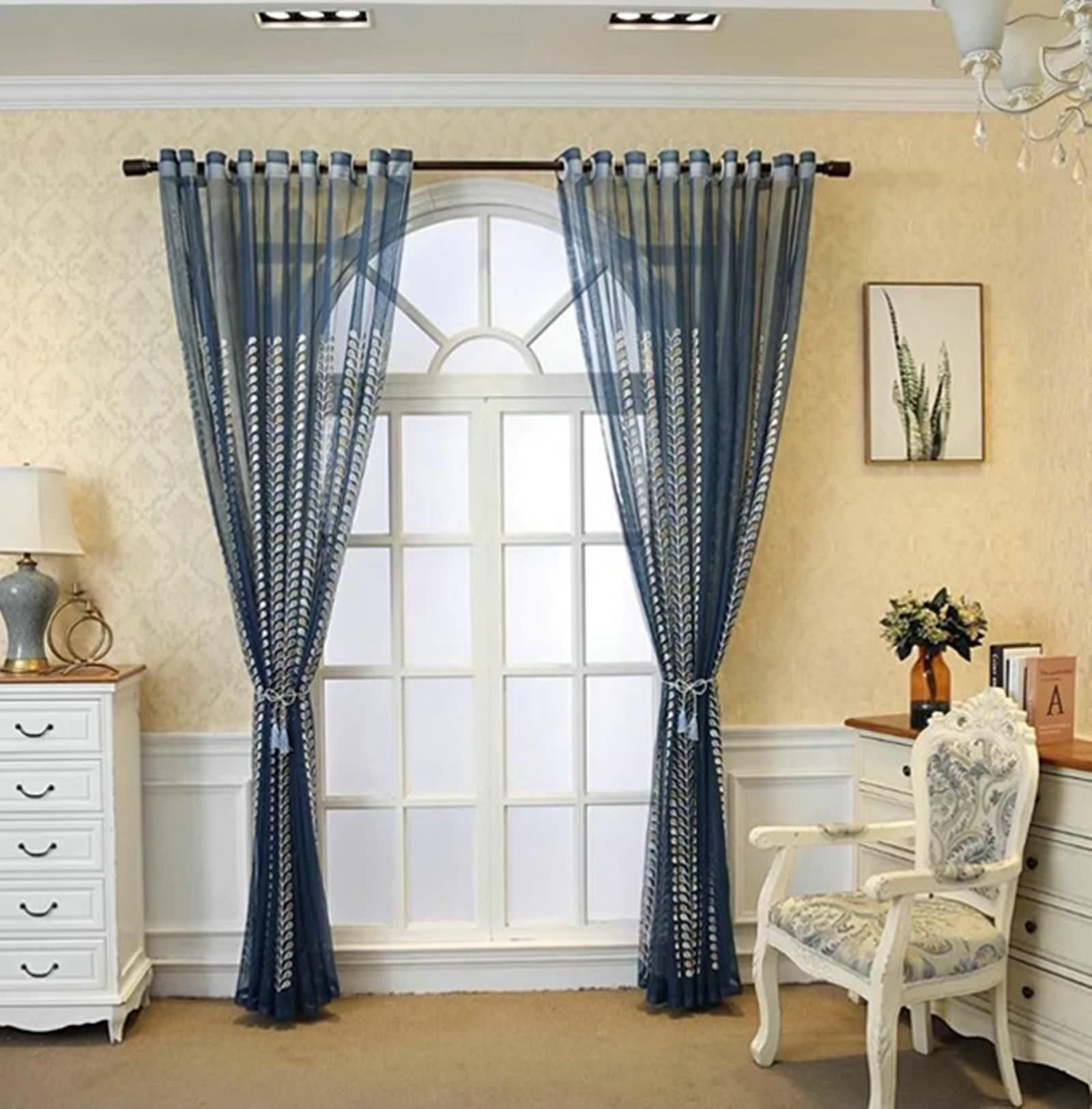 Zasłony do sypialni, niebieskie, 2 sztuki, zasłony do salonu, woal, poliester, półprzezroczyste, z haftem liściowym, szer. x wys. 150 x 270 cm