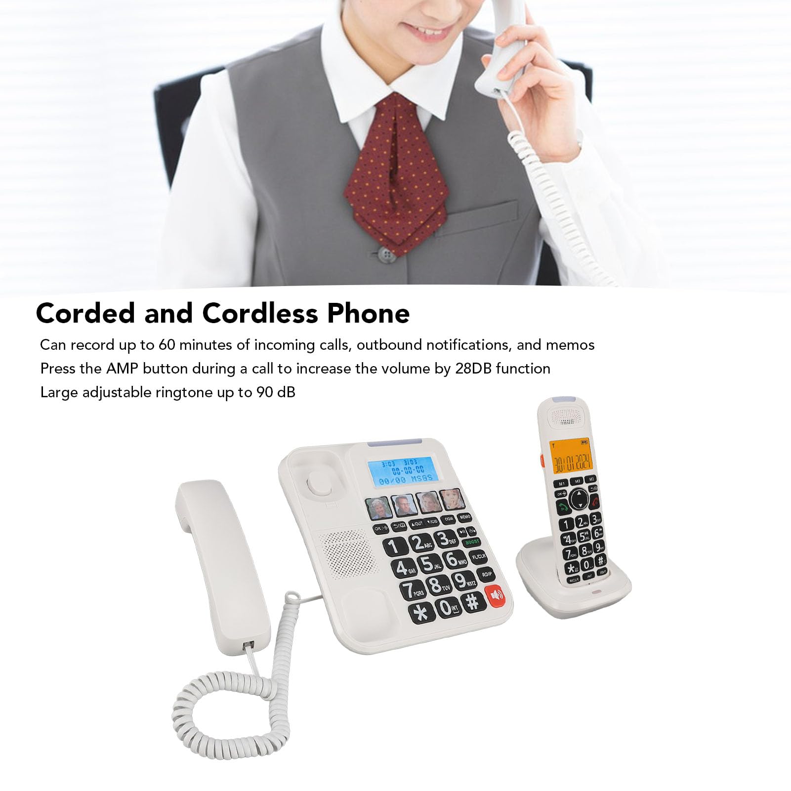 Telefono Cordless per Anziani con Filo, Segreteria Telefonica, Blocco Chiamate, Selezione Fotografica, Suoneria Forte, Chiamata in Vivavoce, Chiamata a 3 Vie, Guida (Spina europea)
