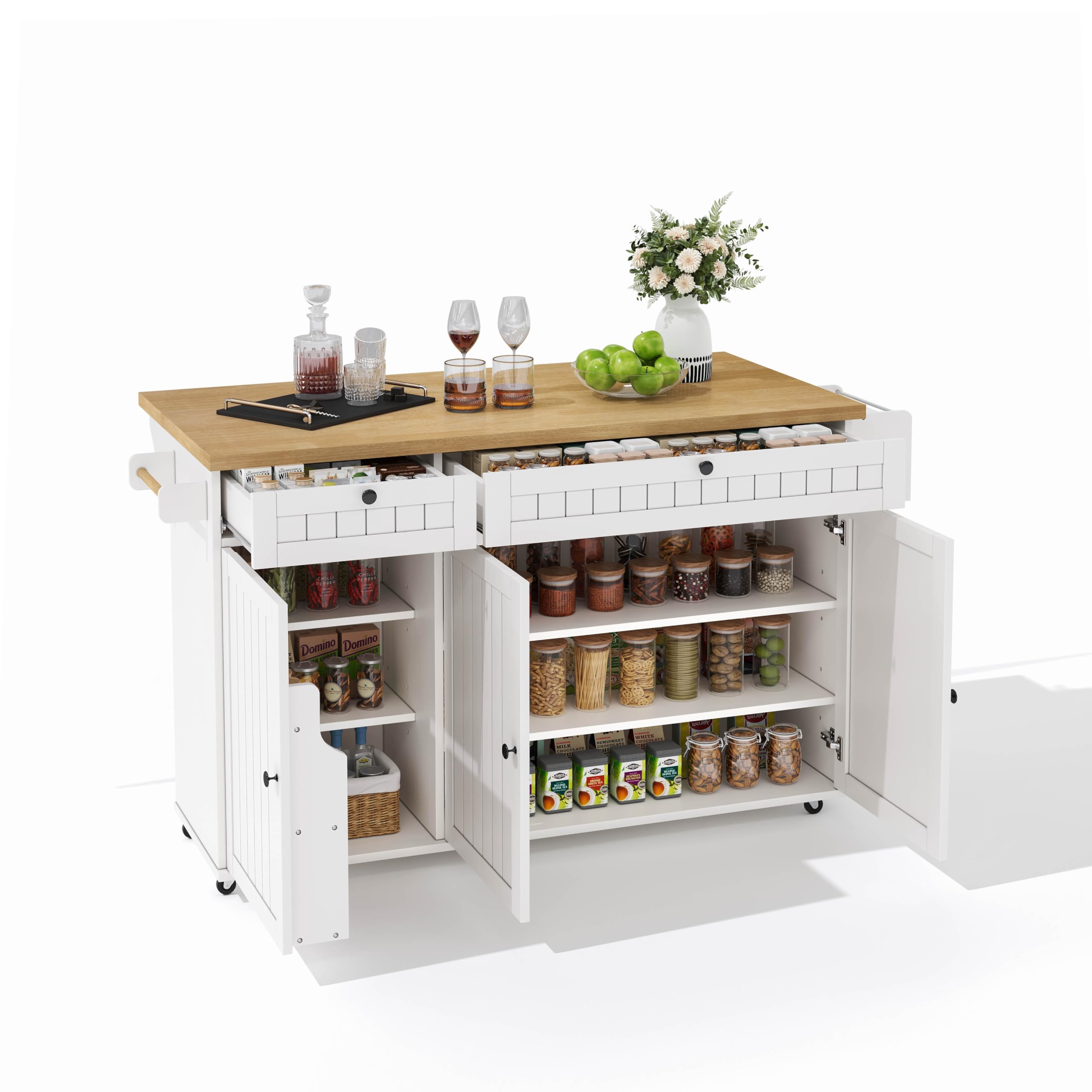 NovaFurnish Kücheninsel mit klappbarer Arbeitsplatte, Küchenschrank auf 6 feststellbaren Rollen, mit Ablage, Türregal, 2 großen Schubladen und Schrank,137X45X89.5cm (Weiß)
