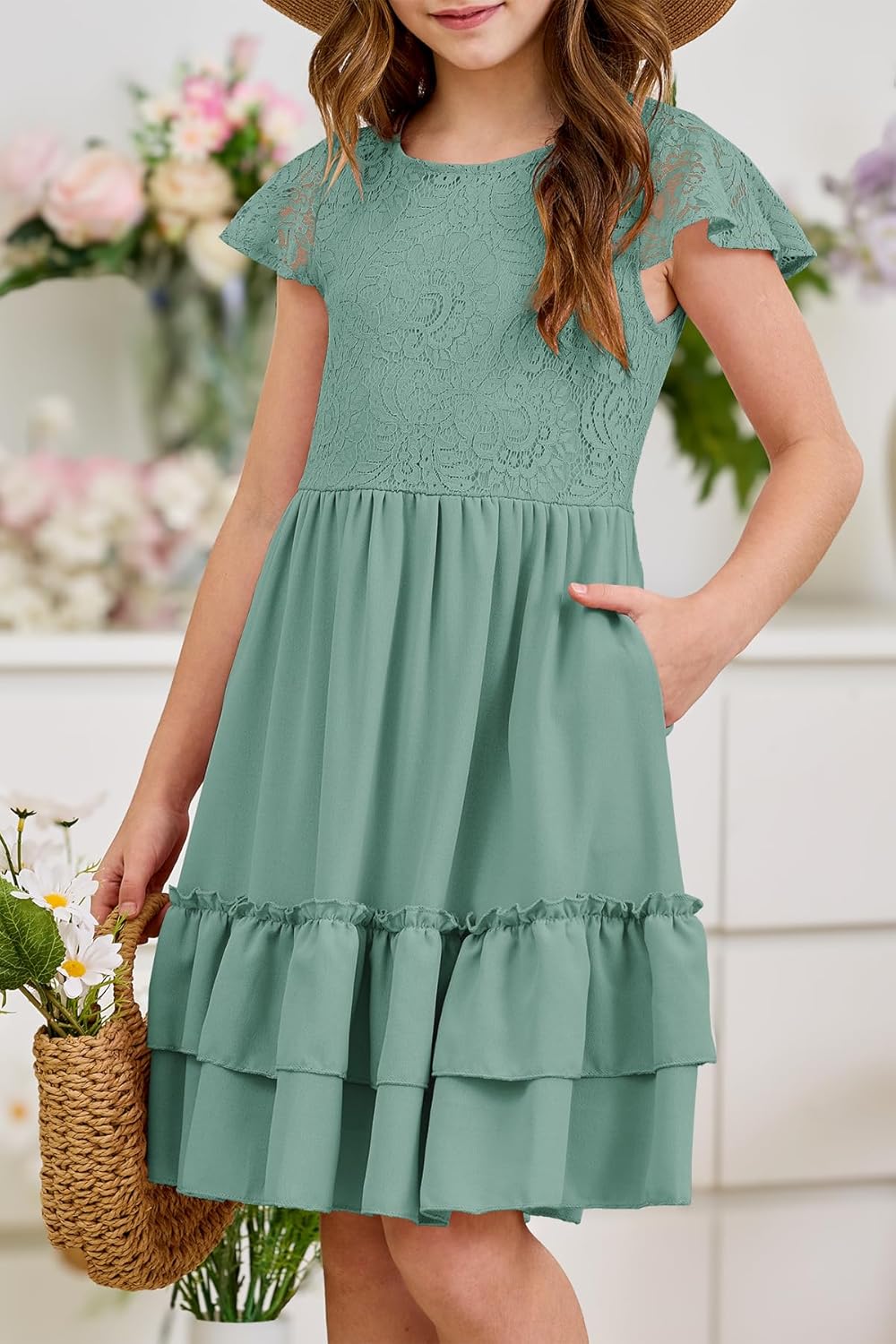 HOSIKA Girls Lace Flower Boho Ruffle Sleeve A-Line Tiered Summer Dress for Wedding Party with Pockets - Image 4