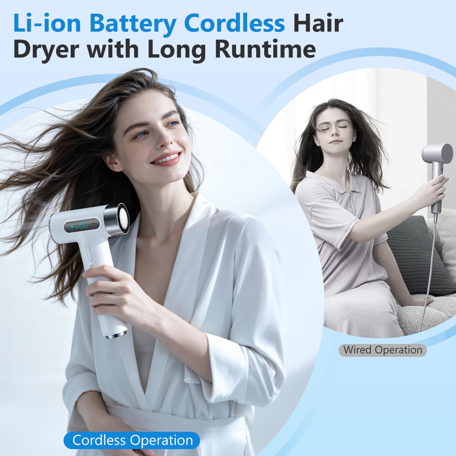 Secador de pelo portátil Pro Battery Travel de 27000 mAh - Sin cable con 100 temperaturas y velocidades - Portátil con pantalla digital para camping, viajes y hoteles - Blanco