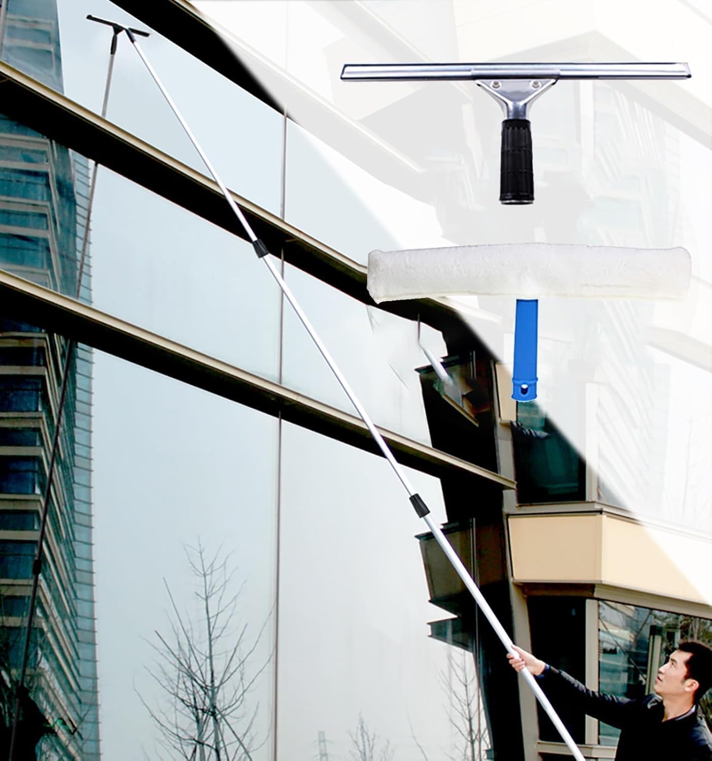 Commercial Outdoor High Reach Glass Cleaning Kit, Ultra-Long Window Cleaner Tool with 15m Telescopic Pole, for Villa/Shopping Mall/Third Floor - Aluminum