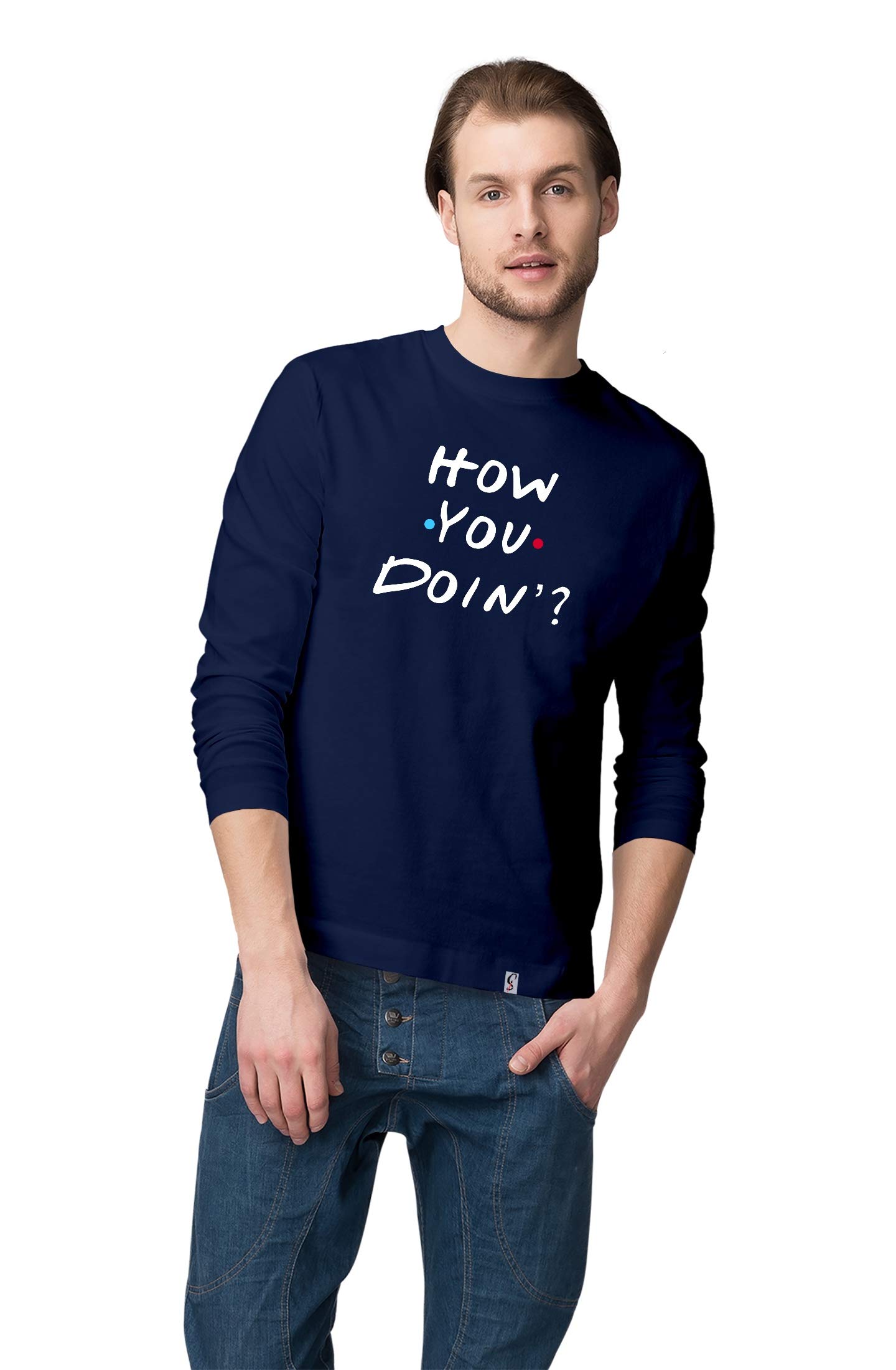 SillyapaMen's How You Doin? Print Regular Fit T-Shirt (Navy Blue-Small)