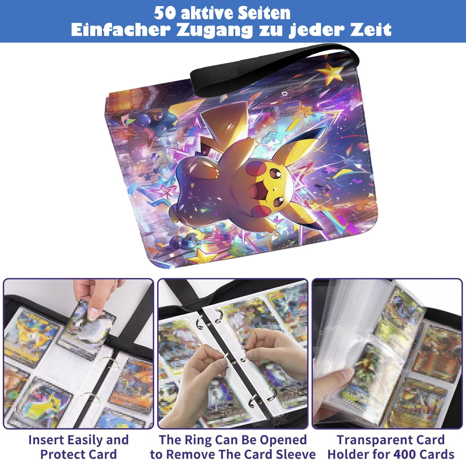 Álbum De Recortes Para Cartas Pokémon Con 50 Páginas Y Capacidad Para 400 Tarjetas – Portátil, Impermeable Y Con Cremallera, Regalo Ideal Para Niños
