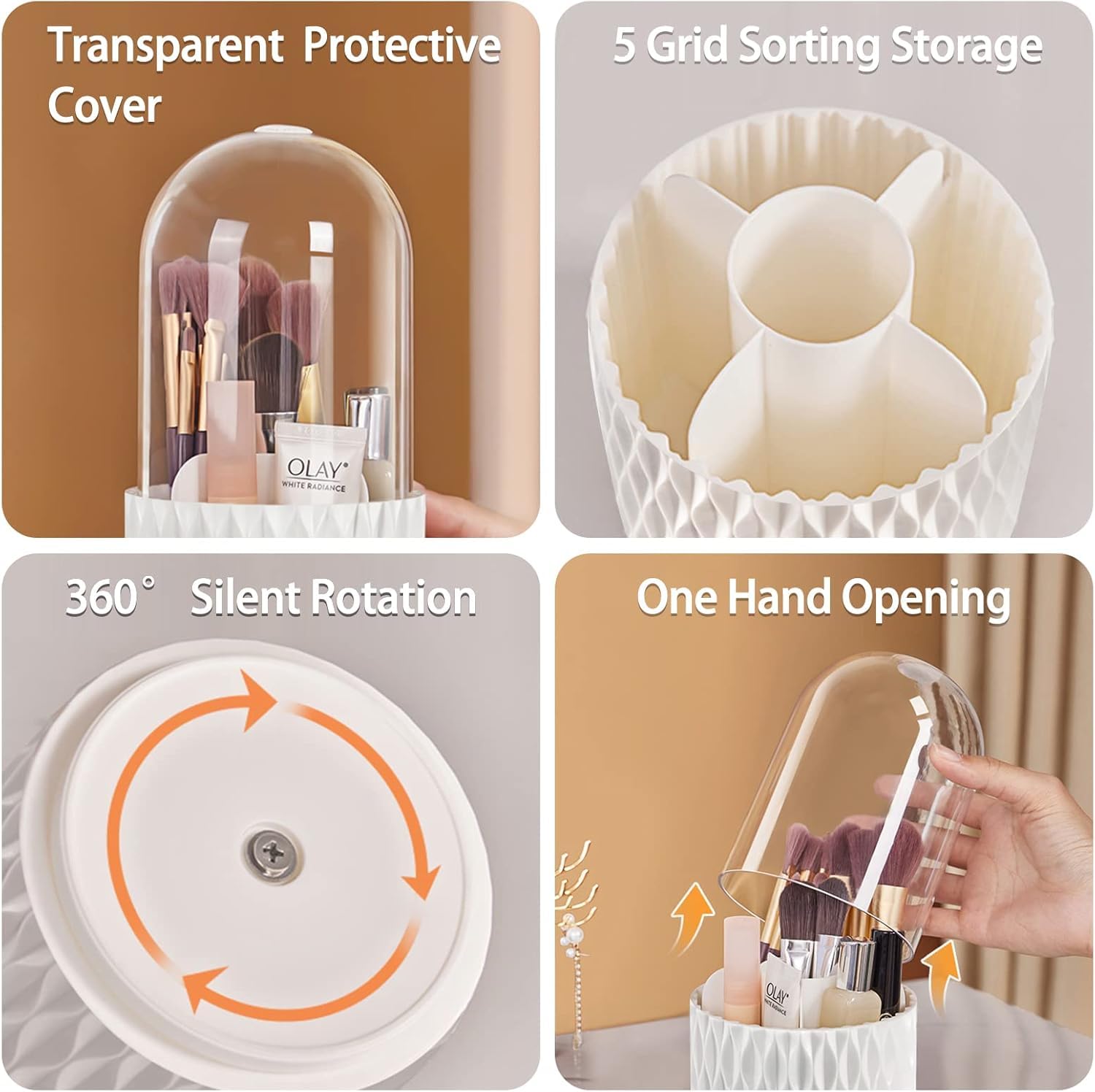 Withosent Porta Pennelli Make Up con Coperchio, 360° Rotante Organizzatore di Cosmetici con 5 Scomparti, Scaffale Organizer Trucchi per Pennelli Trucco, Ombre, Rossetti