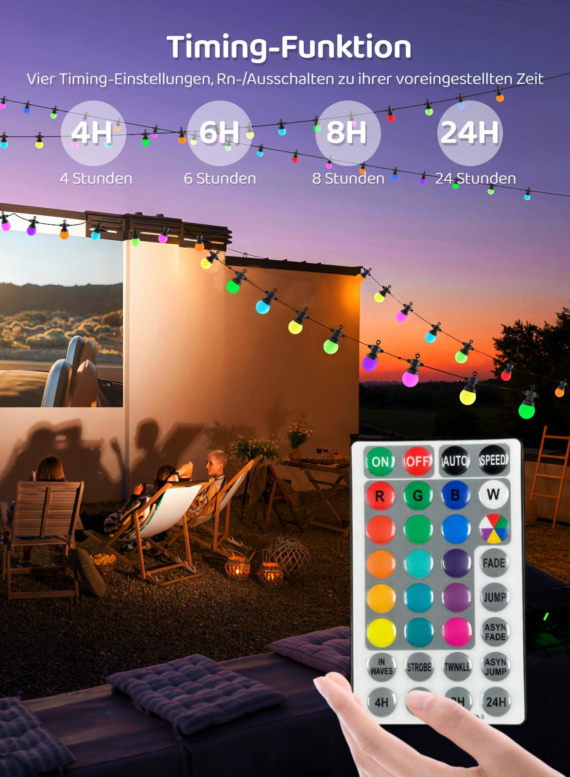 Gaoxun Guirlande Lumineuse Exterieure, 15M RGB Guirlande Guinguette Exterieur avec Télécommande, 15 Ampoules Incassables, Dimmable, Minuterie, IP44 étanche, pour Jardins, Mariage, Bistrots, Maisons