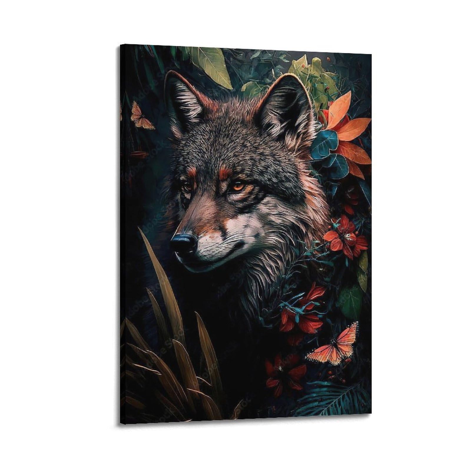 DLJGDS Striking Wolf Surrounded by Vibrant Flowers And Butterflies Decorative Painting Canvas Wall Posters And Modern Family Bedroom Decor 20x30inch(50x75cm)