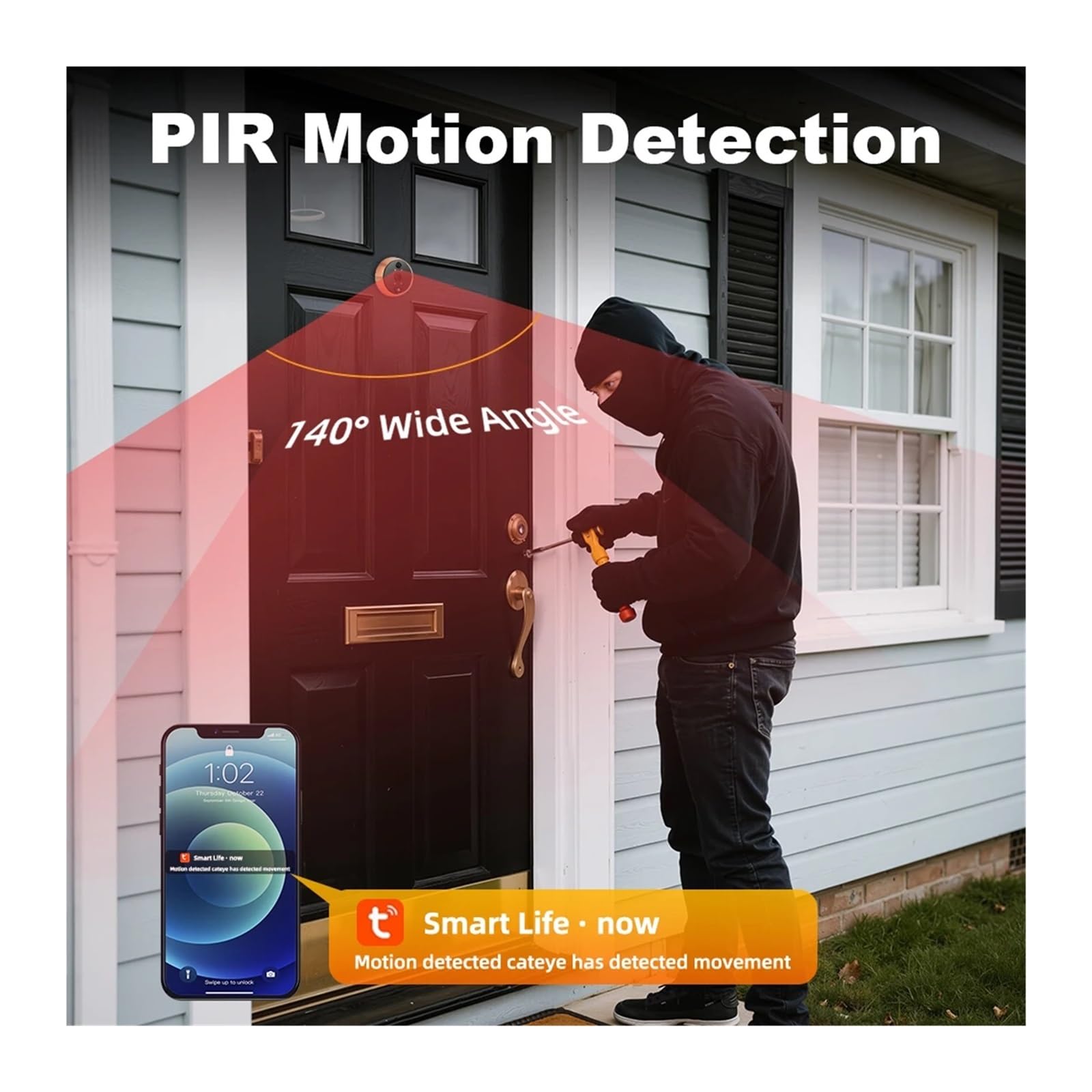 Sonnette antivol Wi-FI, interphone bidirectionnel, Sonnette vidéo, détection de Mouvement PIR, Judas, Surveillance à Distance, visionneuse Porte numérique Grand Angle(Peephole)