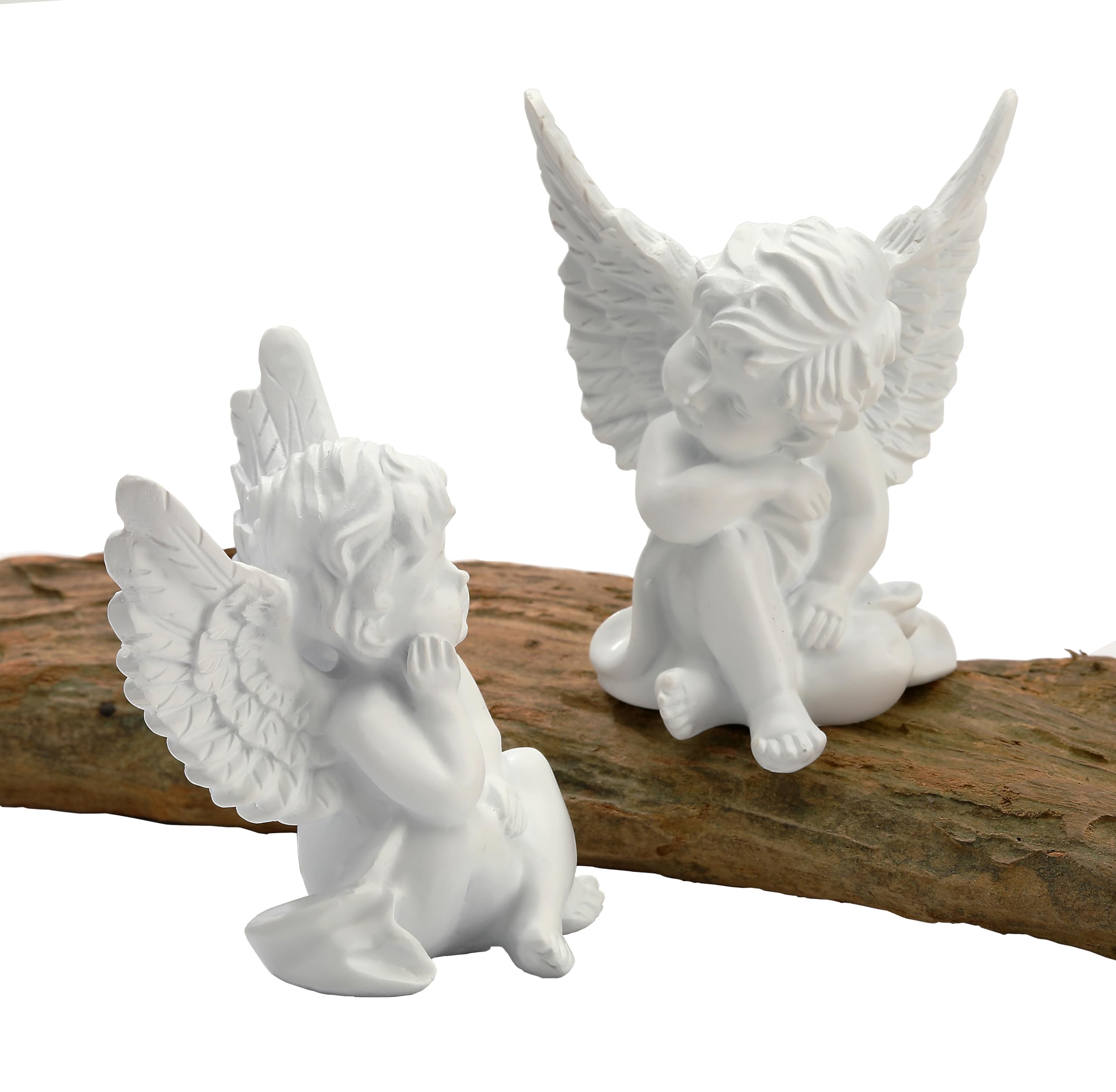 Angelo in Resina Bianca H10 cm con Mani sul Mento, Set da 2 - Figura Decorativa Coppia Angeli Bambini