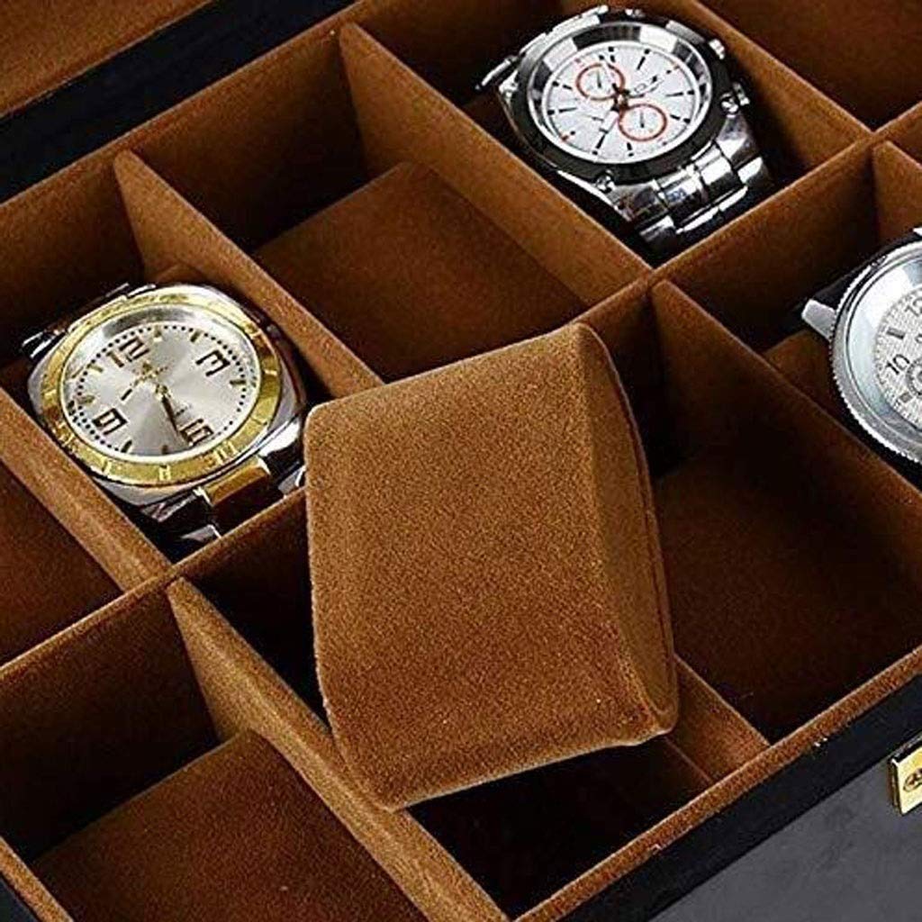 Uhrenbox-Organizer-Kissenbezug – luxuriöse Premium-Vitrinen mit 12 Fächern und gerahmtem Glasdeckel, Elegante Kontrastnähte, robuster und sicherer Verschluss für