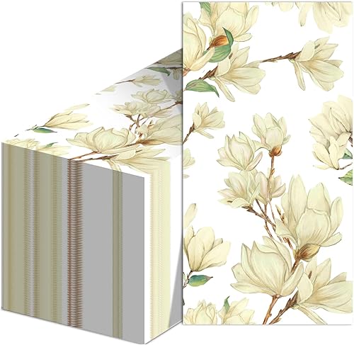 50PCS Floral Guest Towels White Magnolia Blossom Hand Napkins Paper Napkin Hand Towel Disposable for Bathroom Wedding Holiday Anniversary Birthday