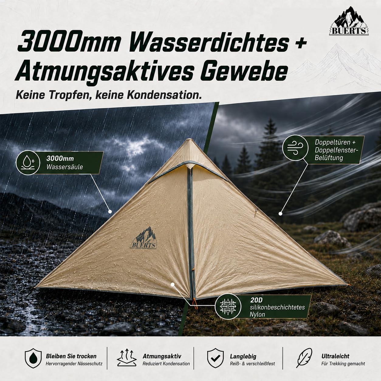 Tente Camping randonnée Ultra-légère 1 Personne, 3 Saisons | 1kg, sans arceau compatible bâtons. Rangement 29×12×12cm, montage rapide. Spacieux, 20D silicone, PU3000, renforts