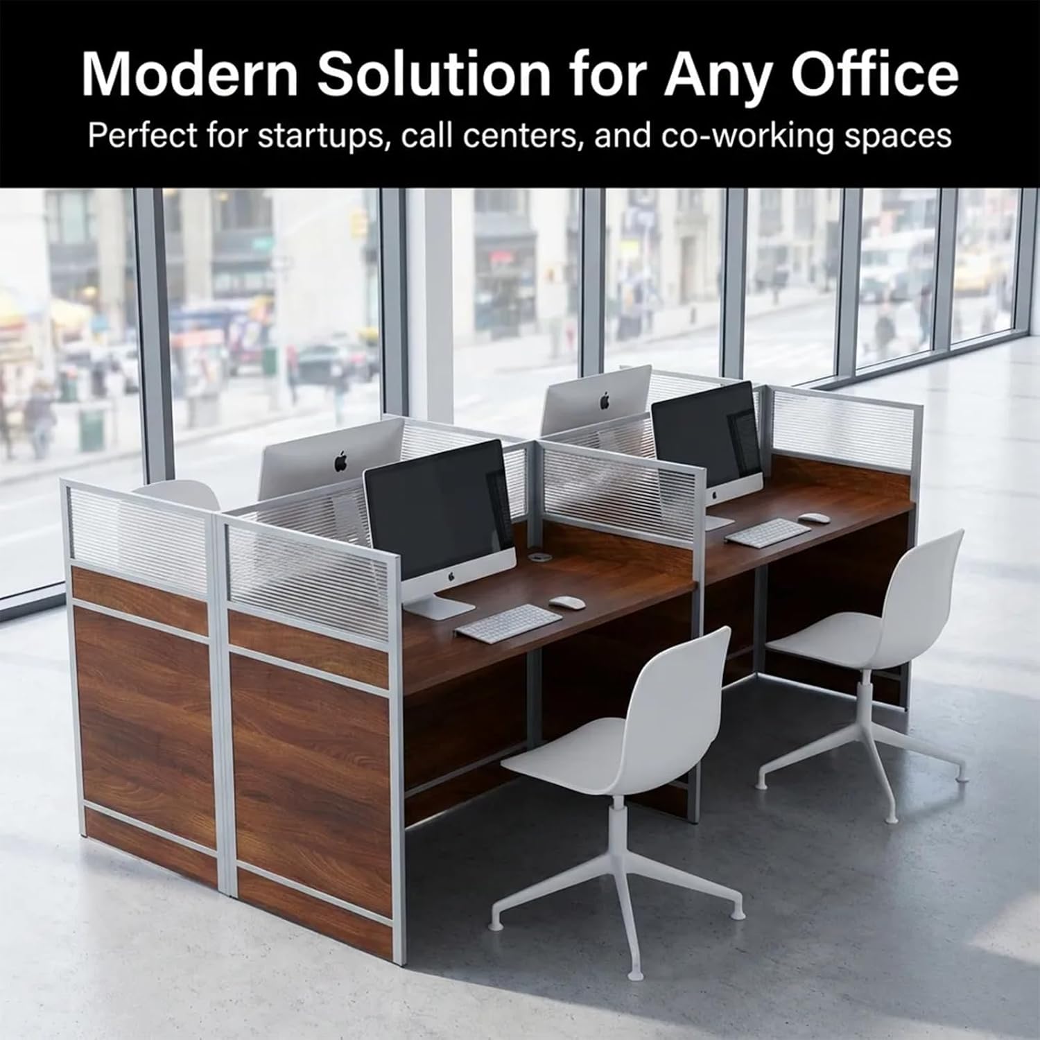 4 Person Office Cubicle Workstation Desk, 94.5" Large Computer Desk with Privacy Panels & Cable Management, Sound Dampening Partition Wall for Open Office, Call Center (Walnut, 94.5-A)