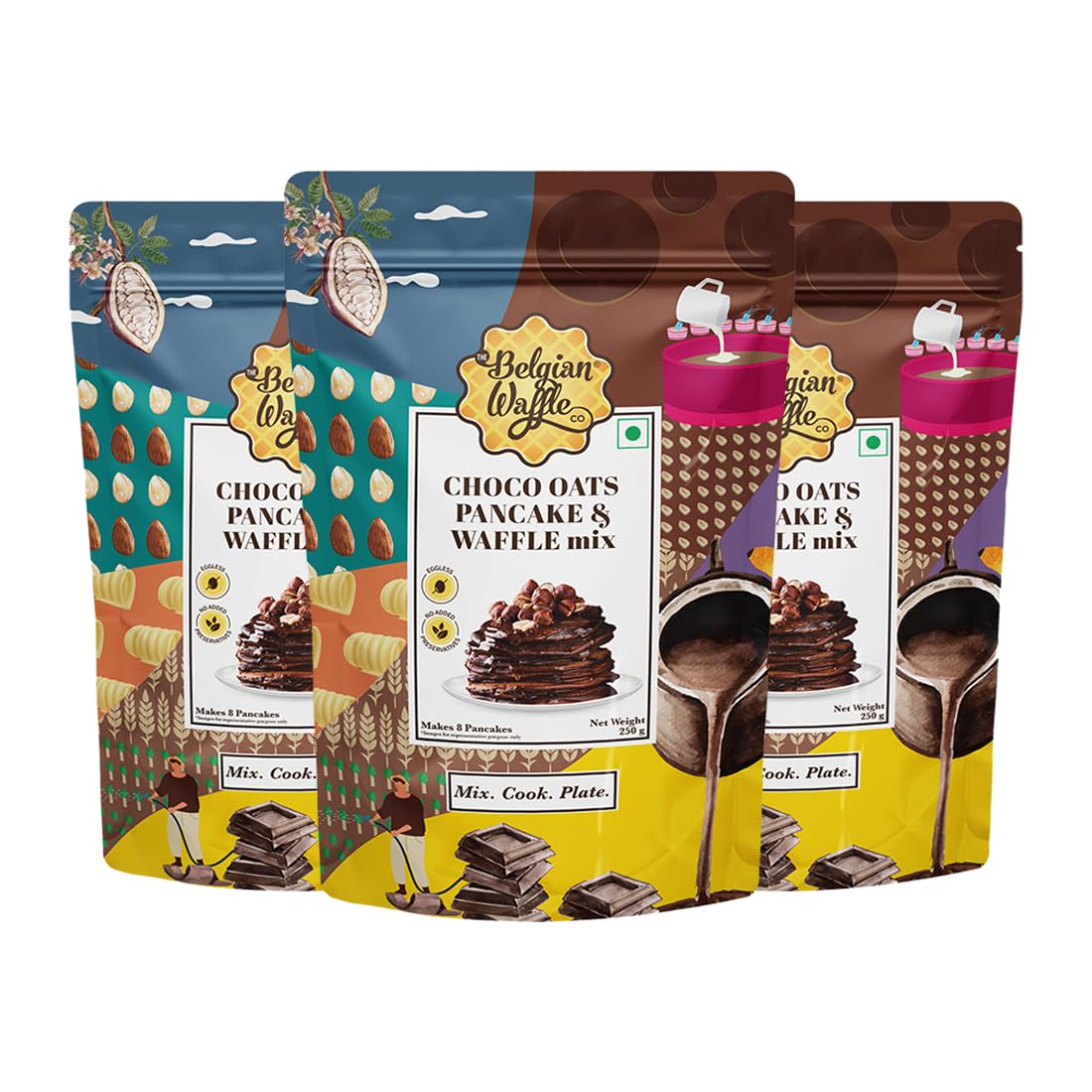 The Belgian Waffle Co Chocolate Oats Pancake & Waffle Premix, 100% Vegetarian & Eggless, No Added Preservatives and Organic Non Refined Sugar, Instant Breakfast Mix - 250gm (9 Pancakes Each,Pack of 3)