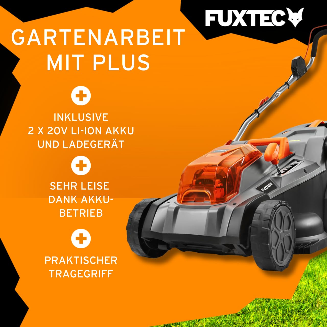 FUXTEC Akku Rasenmäher 40V 2x20V FX-E2RM43SET • 43cm • inkl 2X 4Ah Akku & Schnellladegerät• Variable Schnitthöhe • Mulchfunktion & Fangkorb 40L • kabelloser Elektro Rasenmäher