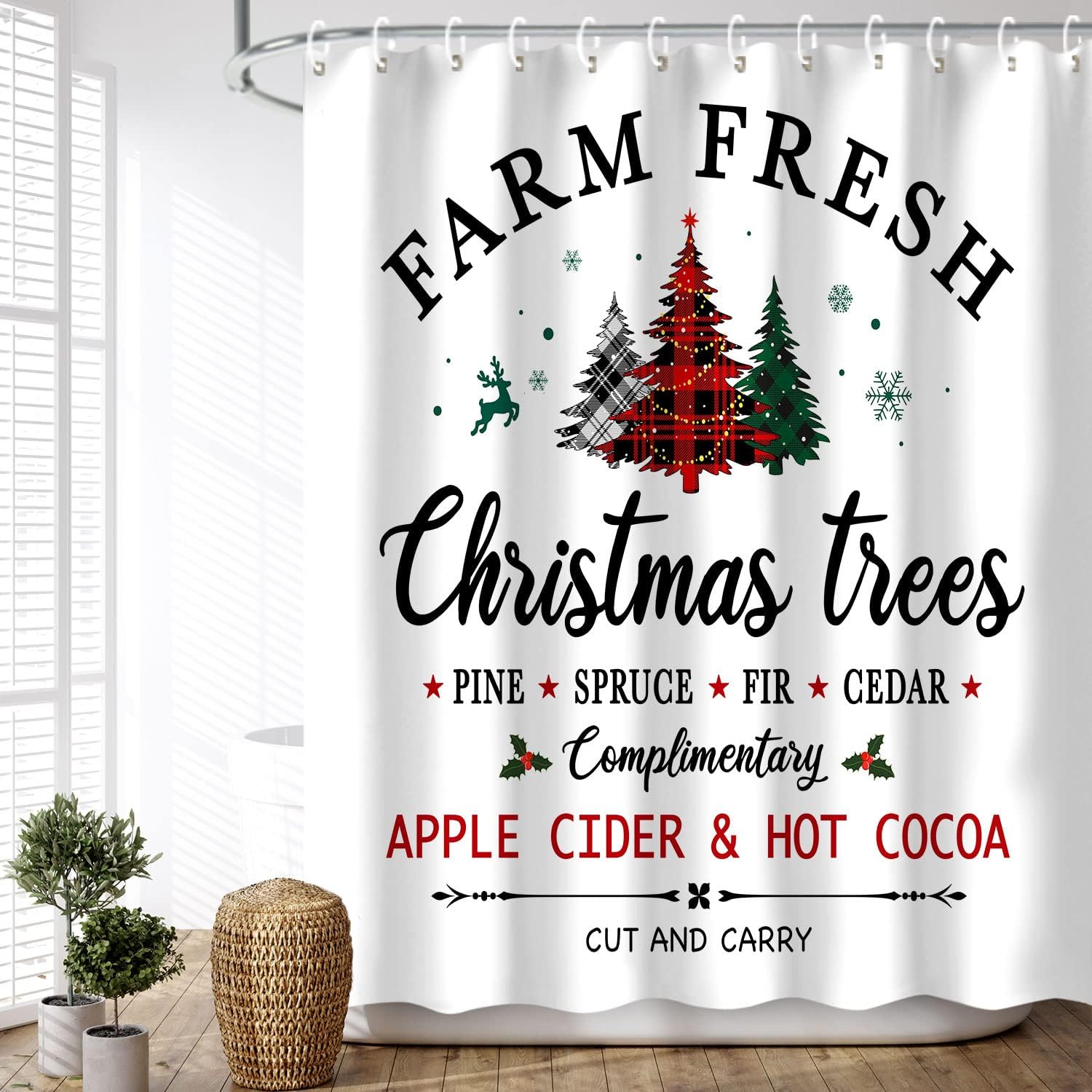 LIVILAN Christmas Shower Curtain, Xmas Shower Curtains, Pine Tree Shower Curtain Set, Waterproof Christmas Bathroom Decor, Merry Shower Curtain, Farm Christmas Tree, 72''W X 72''H