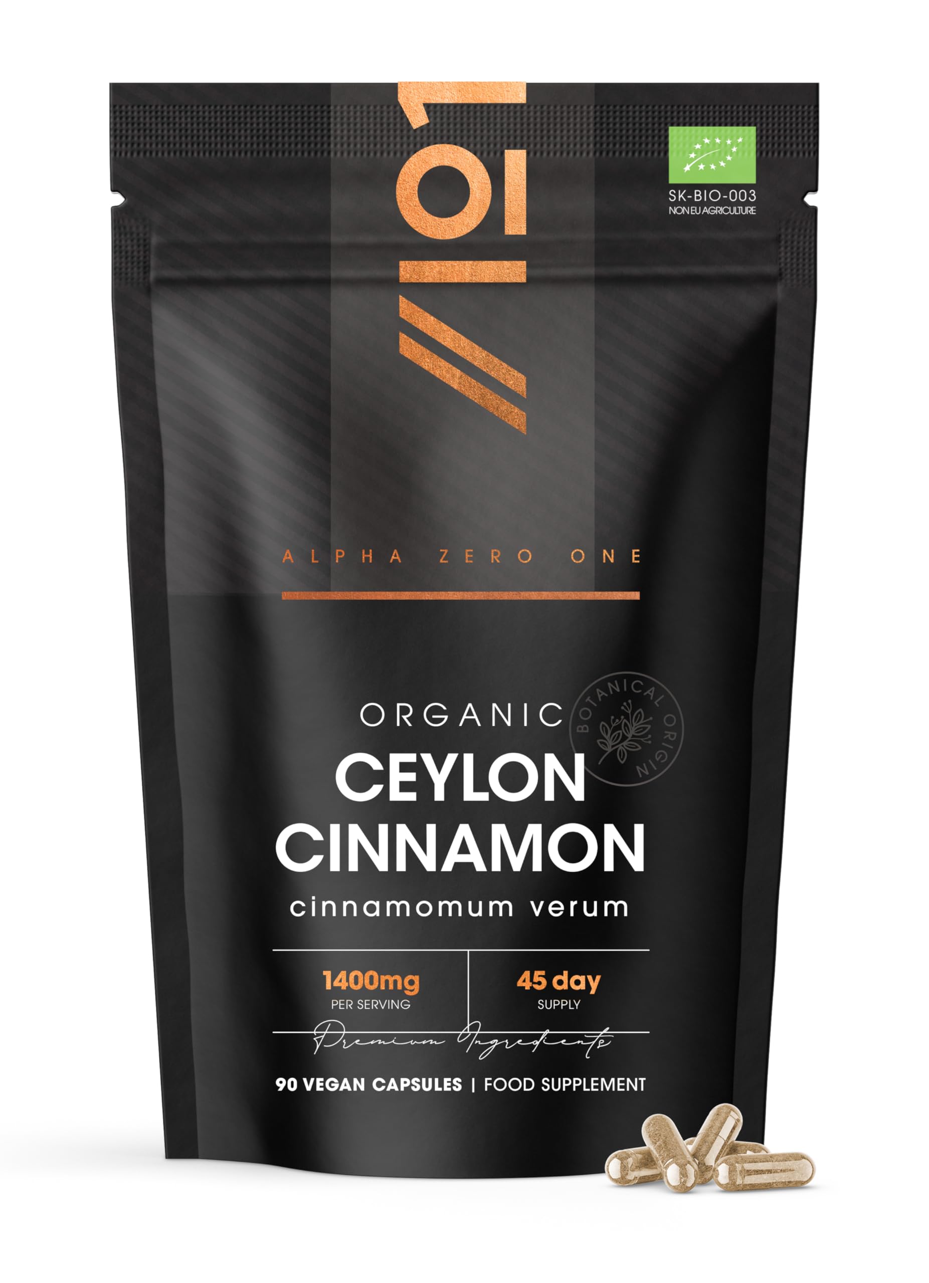 Organic Ceylon Cinnamon 1400mg – Potent 100% Sri Lanka Cinnamon Verum – 90 Vegan Capsules – Resealable and Recyclable Pouch by Alpha01