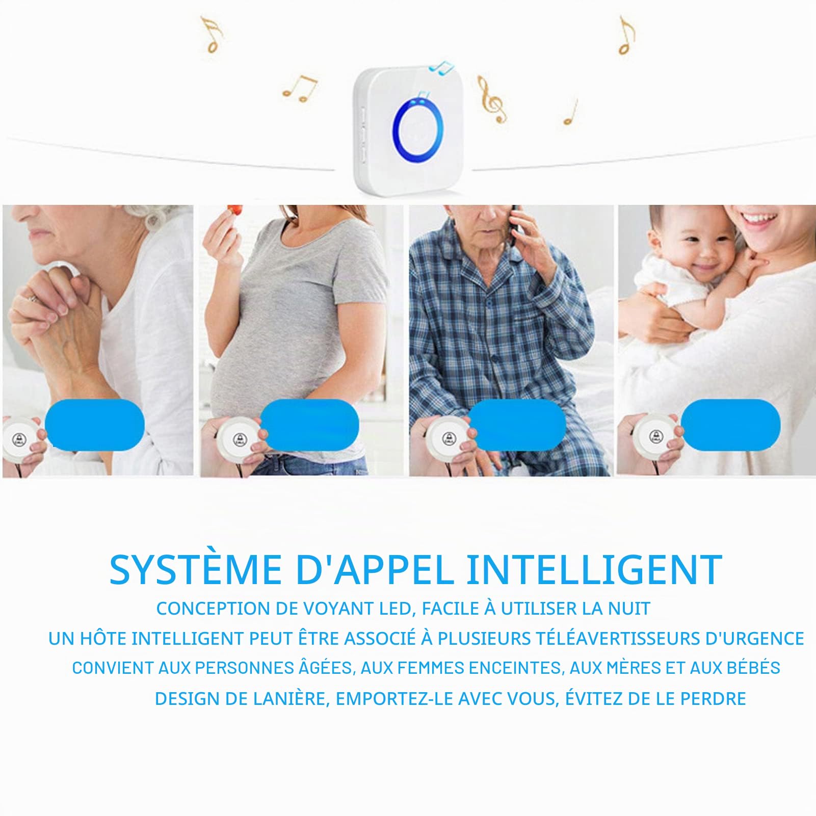 Système d'appel intelligent, bipeur d'alerte d'appel d'infirmière à 4 niveaux de volume pour les patients âgés handicapés Prise UE