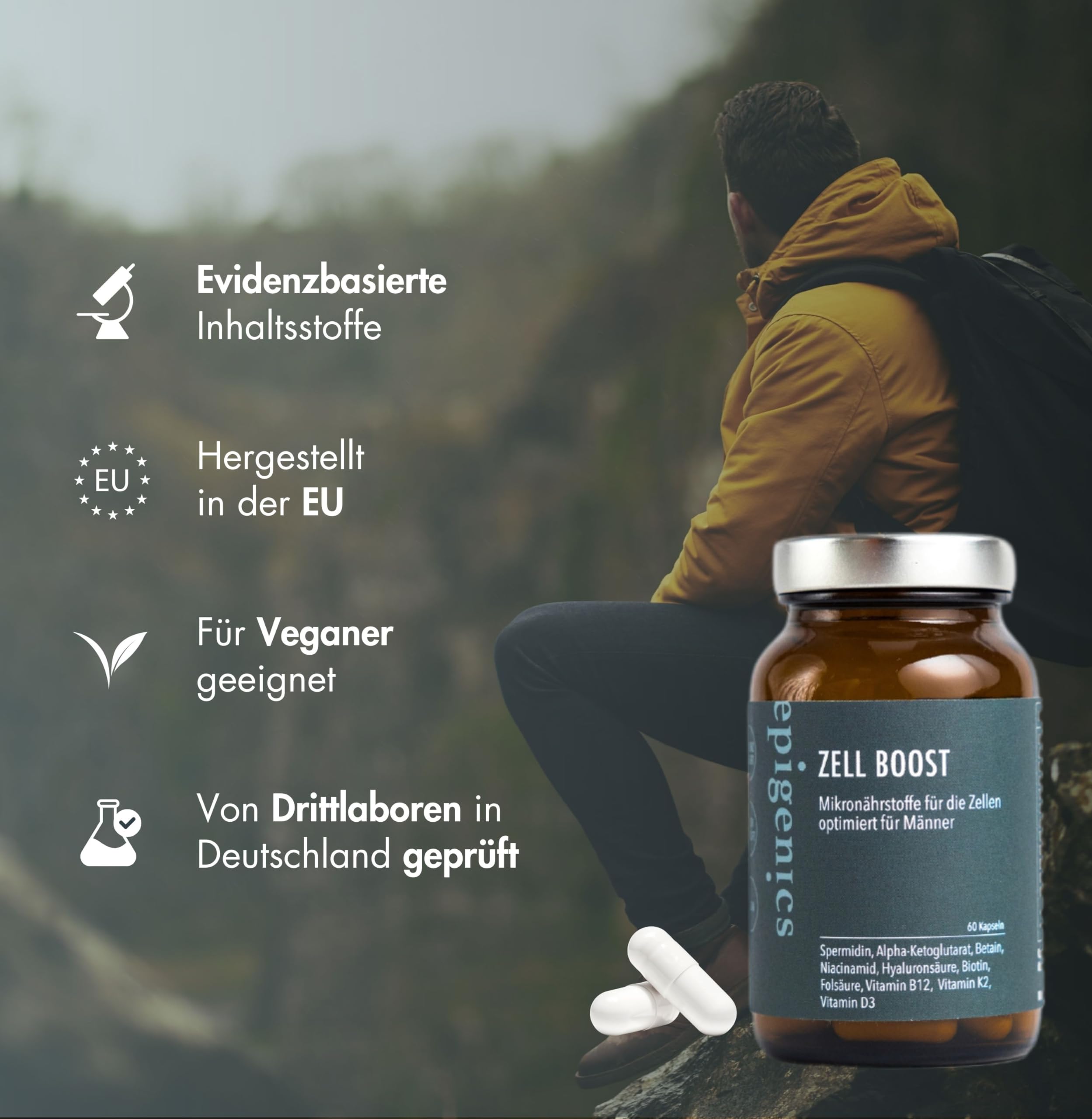 Epigenics Zell Booster Kapseln Männer mit Spermidin, AKG und NAD+ & Vitamine (für 30 Tage) - Nahrungsergänzungsmittel mit Mikronährstoffe für Stoffwechsel - Anti Aging mit TMG, Betain, Folsäure