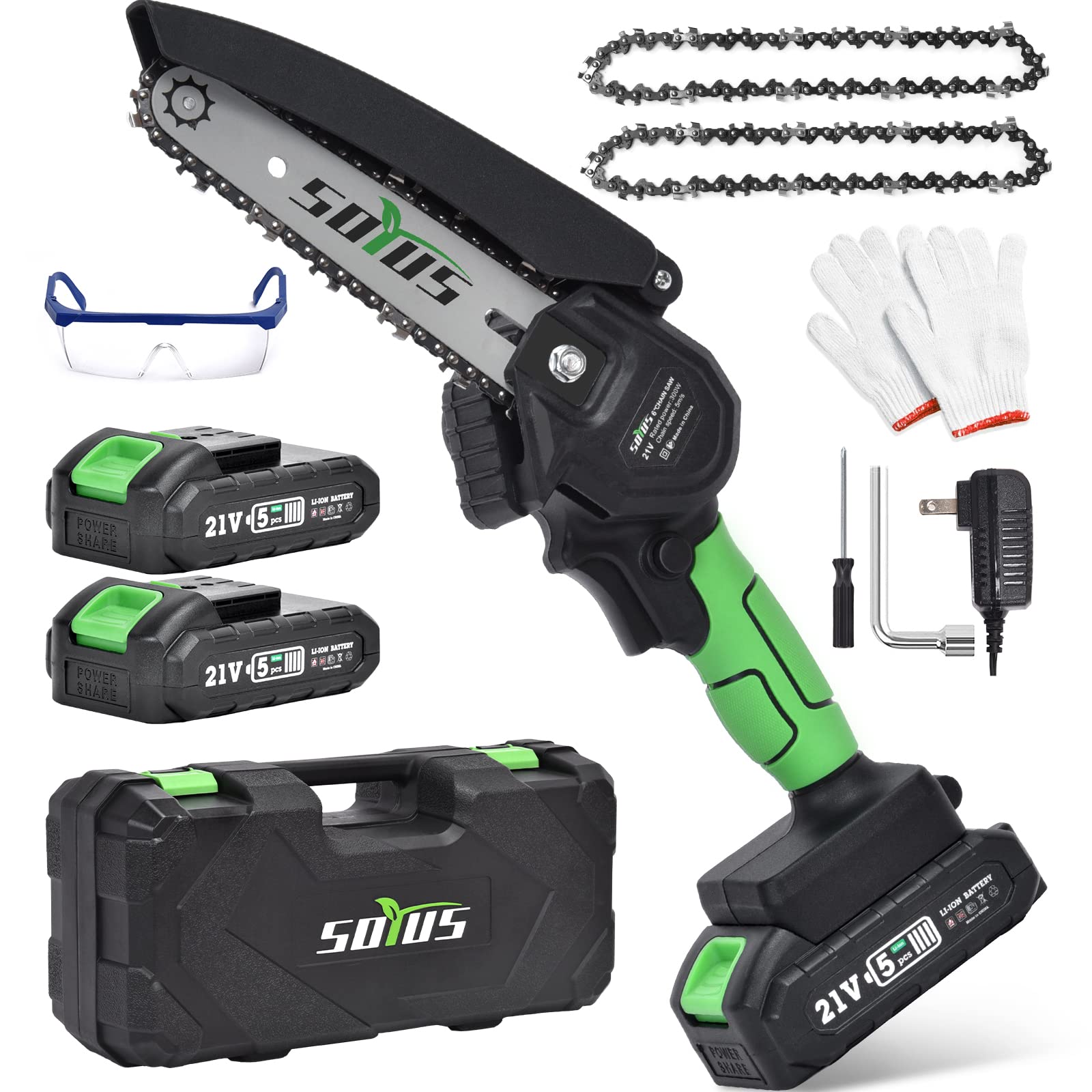 SOYUSMini Chainsaw 6-Inch Cordless, Electric Chainsaw Mini Battery Chainsaw with 2Pcs Batteries, Handheld Small Chainsaw for Tree Trimming Branch Wood Cutting Green