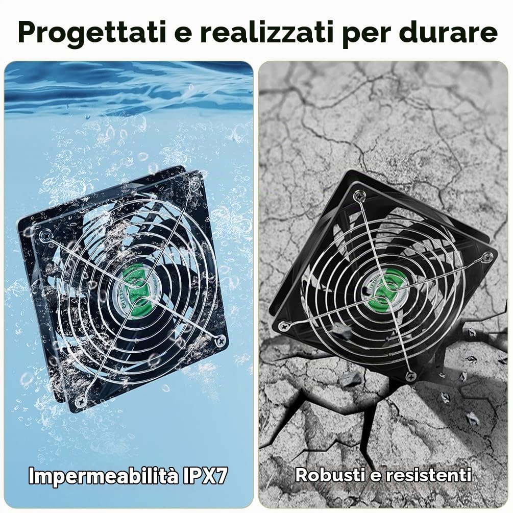 Ventilatore a energia solare con batteria, ventilatore solare ricaricabile per pollaio, serra, capannone, esterno con due ventole di aspirazione di scarico impermeabili IPX7 da 5 m con cavo