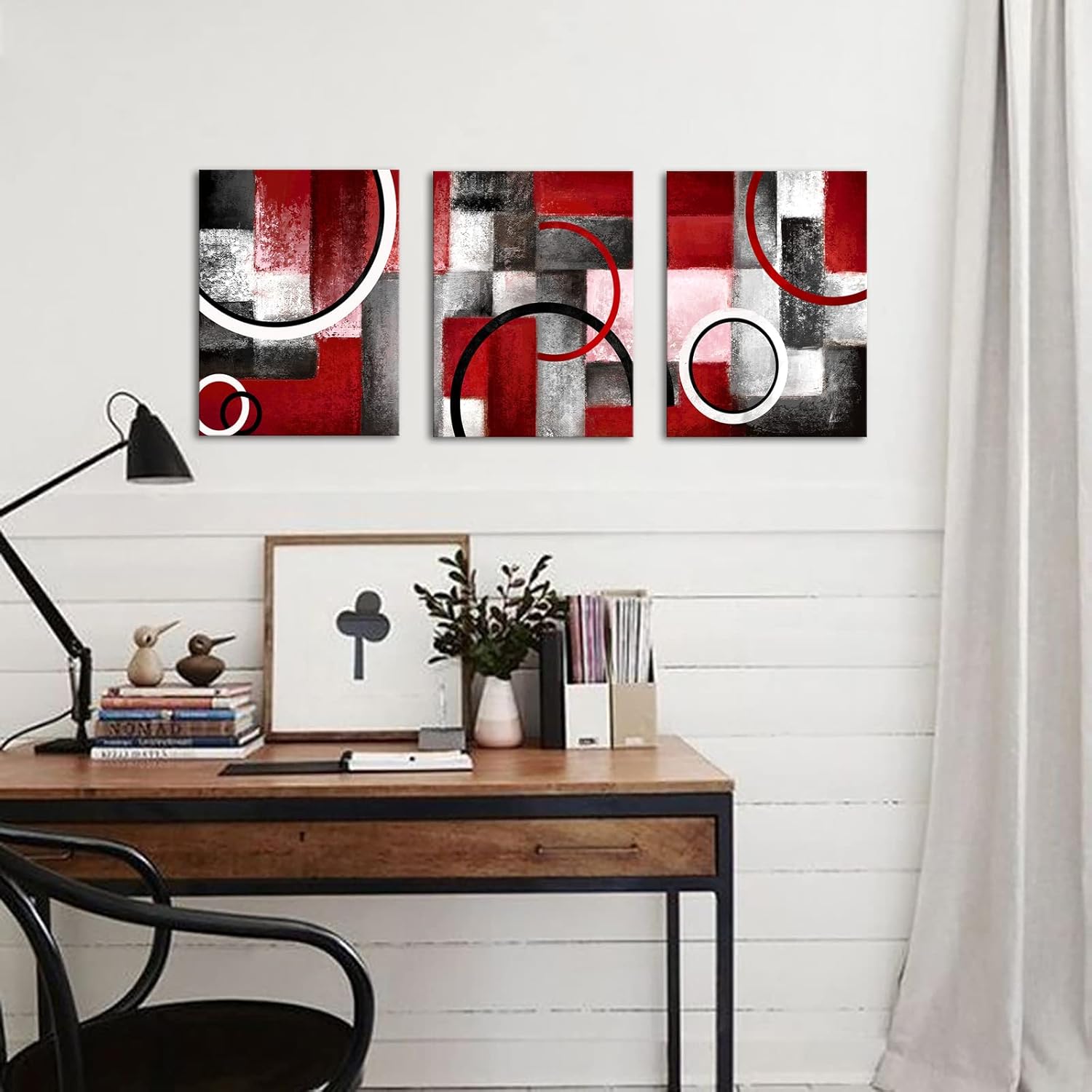 Visual Art Decor Abstract Geometric Circle Canvas Wall Art Rustic Burgundy Red Prints Artwork for Living Room Bedroom Christmas Wall Decoration