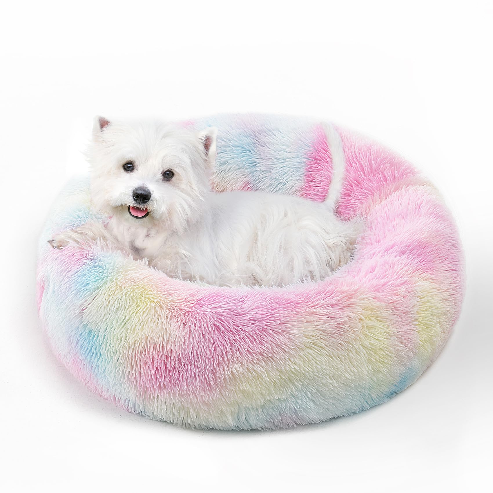 Calming Dog Bed & Cat Bed with Anti-Slip Bottom, Medium Size Washable Anti-Anxiety Donut Dog Beds for Small Dogs & Cats, Fluffy Plush Cozy Round Dog