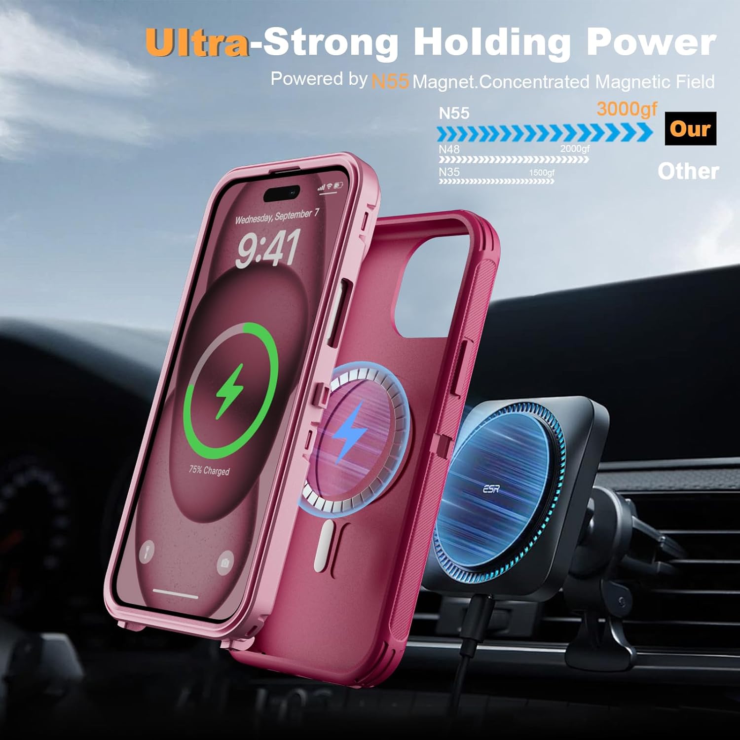 for iPhone 15 Case with Stand & Built-in Camera Cover, MagSafe Compatible, Heavy-Duty Shockproof Protection, Magnetic & Rugged Phone Cover for iPhone 15 6.1'', Hot-Pink - Image 5