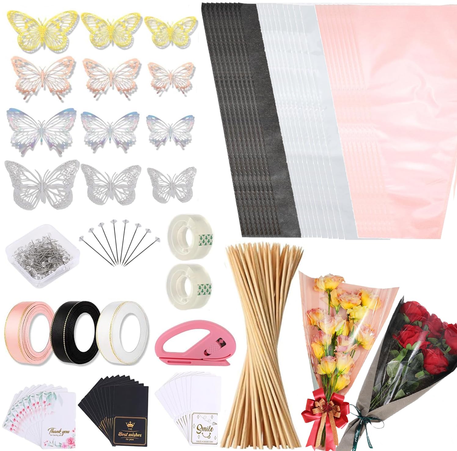 Majreey Kit de papier cadeau floral, 40 sacs d'emballage kraft, 3 rouleaux de ruban pour bouquet de fleurs, 2 rouleaux de ruban adhésif, 100 épingles à fleurs, 48 papillons 3D, 9 couronnes pour