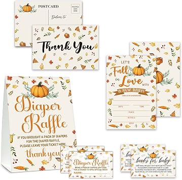 Fall Baby Shower Invitations Set, Thanksgiving Baby Shower Games, Pumpkin Diaper Raffle Sign & 25 Diaper Raffle Tickets, 25 Book Request Cards, 25 Baby Shower Invitations, 25 Thank You Cards FALL02