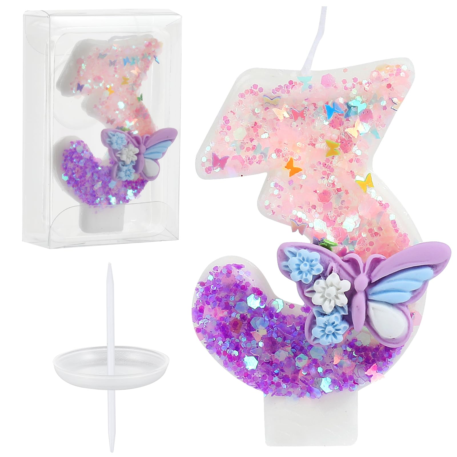 Birthday Number Candles Pink and Purple Butterfly Birthday Candles for Cake Glitter Number 3 Candle Cake Topper with Sequins for Girls and Women