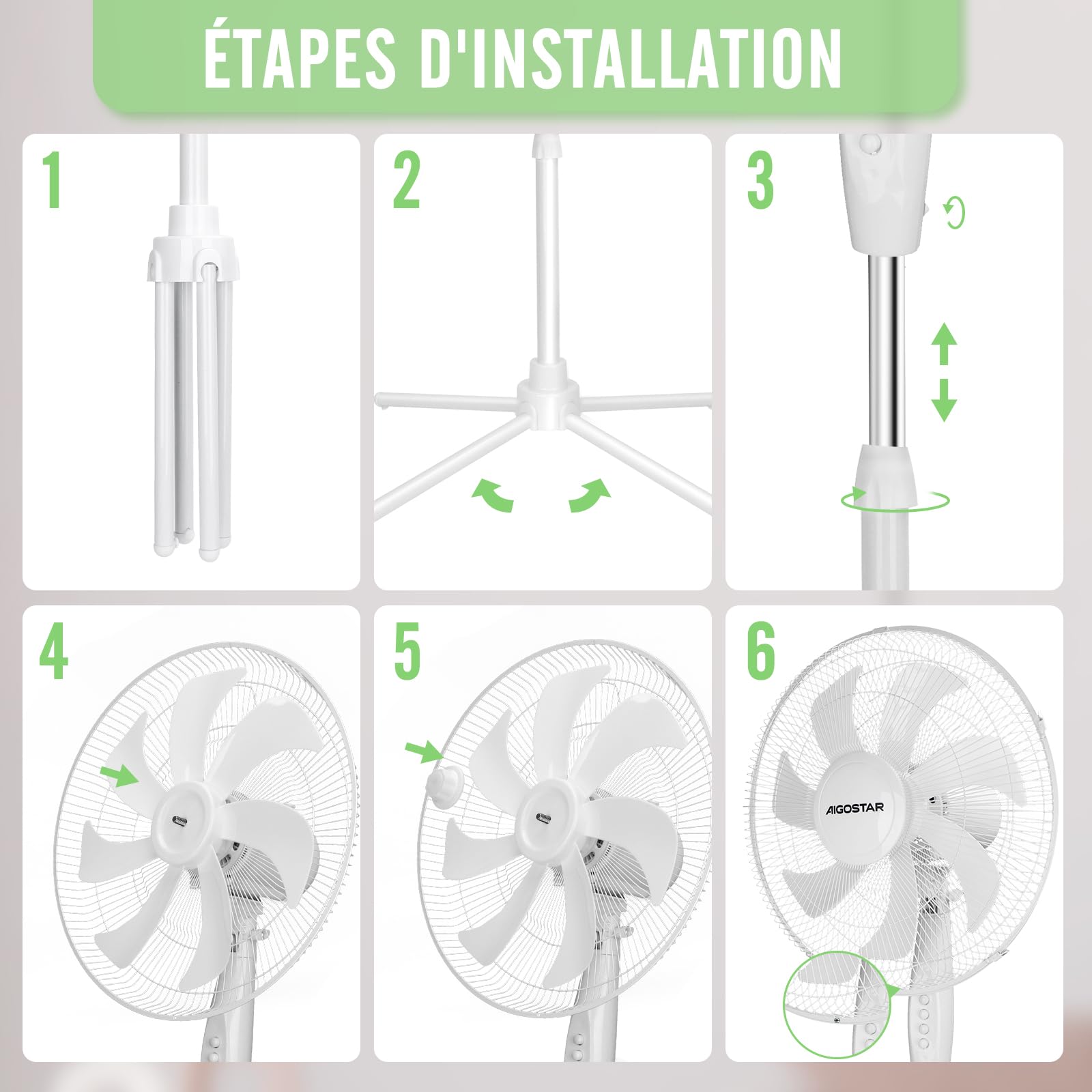 Aigostar Ventilateur sur Pied, 3 Vitesses, 7 Pales, Oscillation 75°, Stable et Silencieux, Hauteur réglable 108-125cm, 50W, Blanc - Erika