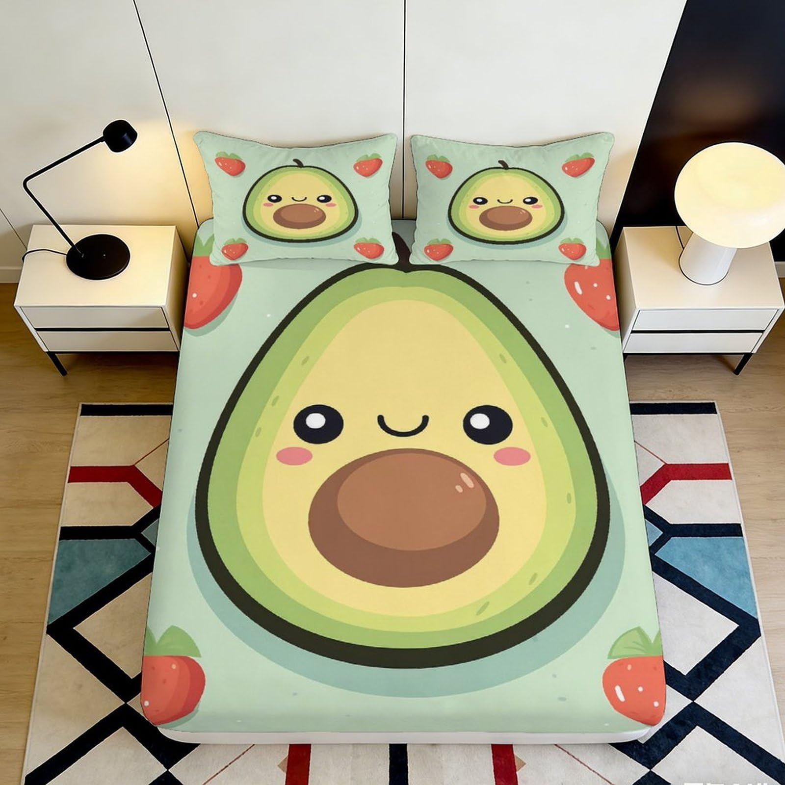 3D Printed Cute Avocado Strawberry Fitted Sheet Microfiber Soft Breathable Cartoon Bed Cover for Bedroom Dorm Mattress Protection Decor 160x200x25cm