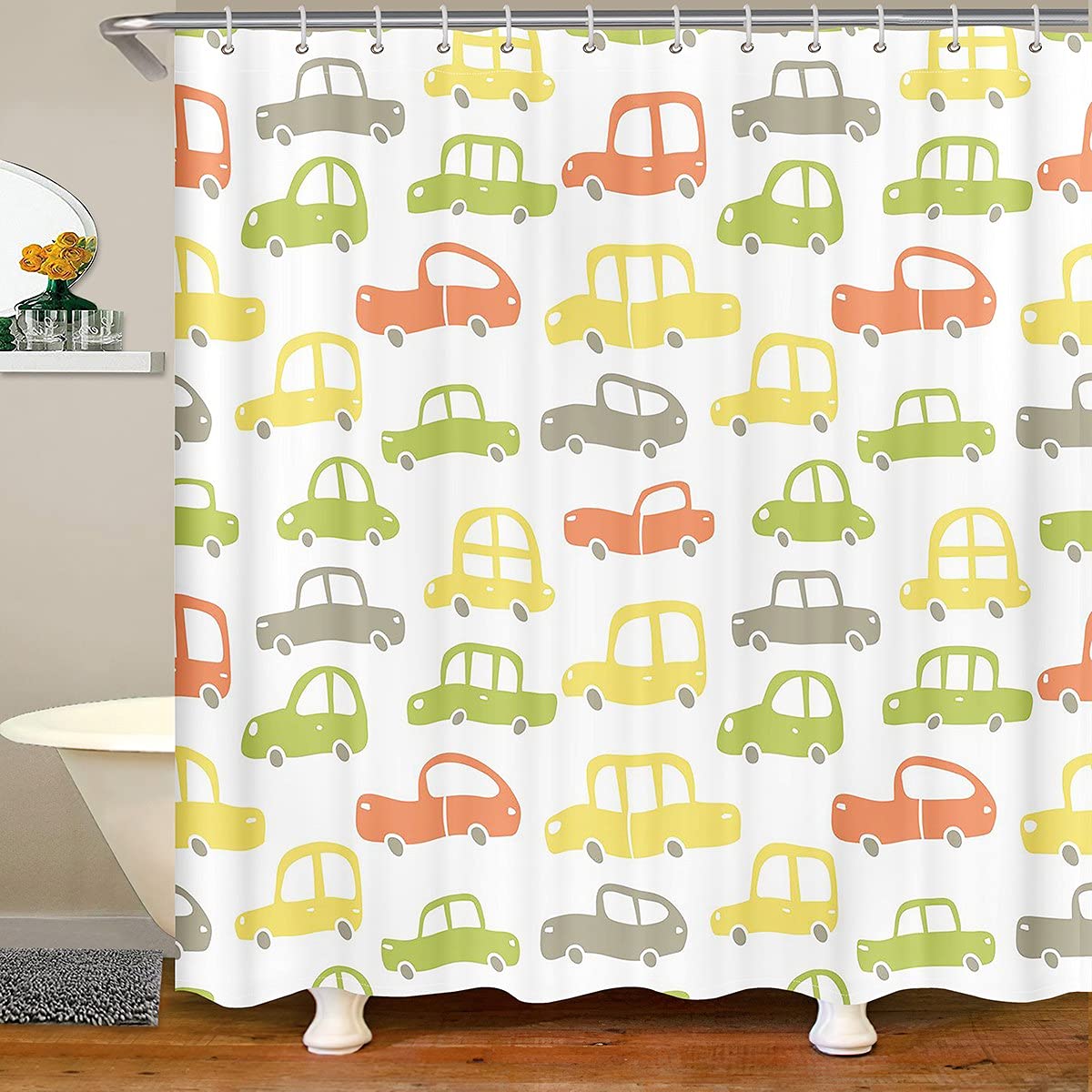 Loussiesd Cute Cars Bath Curtain Kids Cartoon Vehicles Shower Curtain Children Bright Colorful Bus Bathroom Shower Curtain Set with Hooks Trip Design Waterproof Cloth Fabric 59x71 Inch