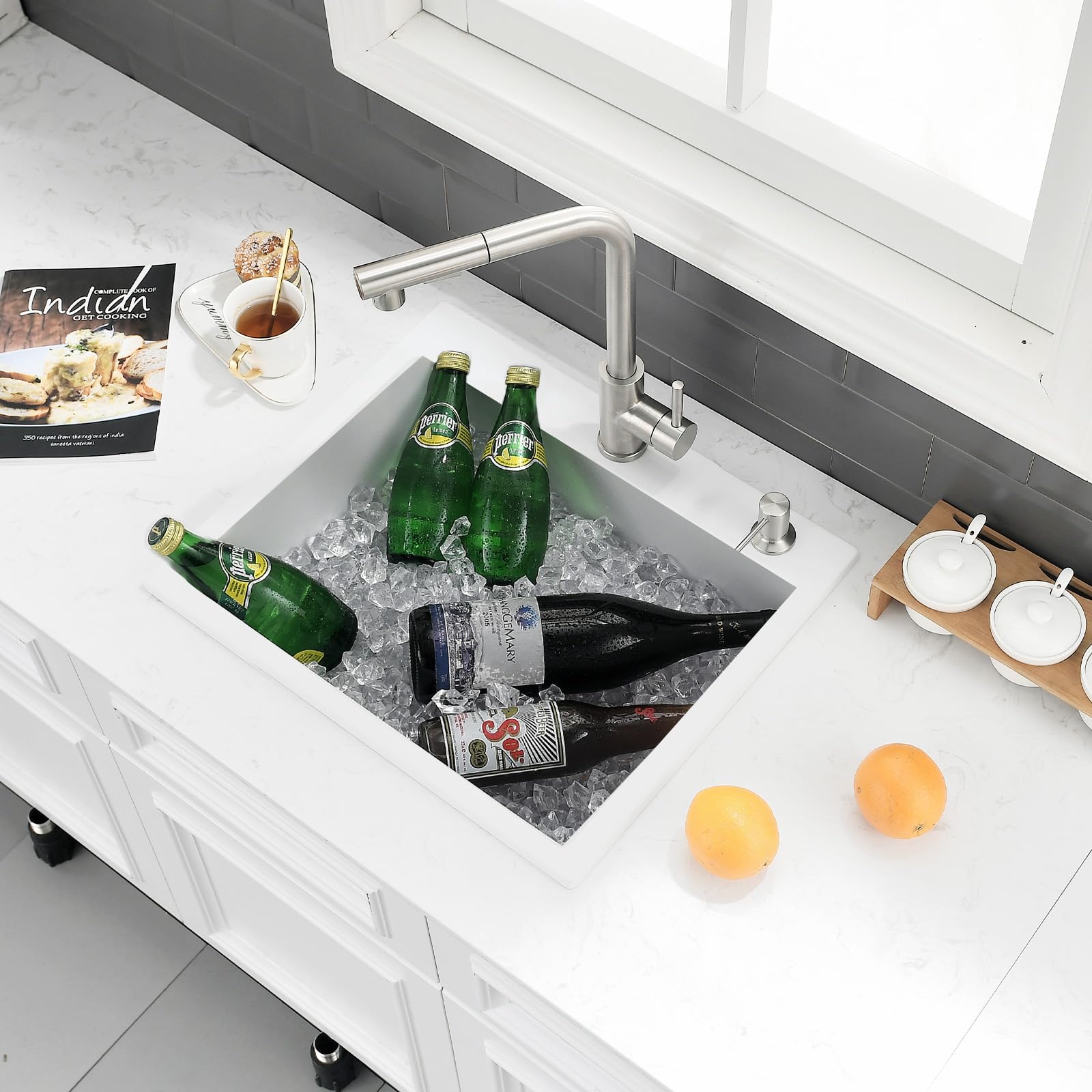Lavello da Cucina Bianco 55 x 45cm, Lavello Cucina 1 vasca in Granito, Bokaiya Bianco Lavandino, lavandino da Esterno con Set di Drenaggio e 2 Fori di Preforato, Installazione a Sopratop o Filotop