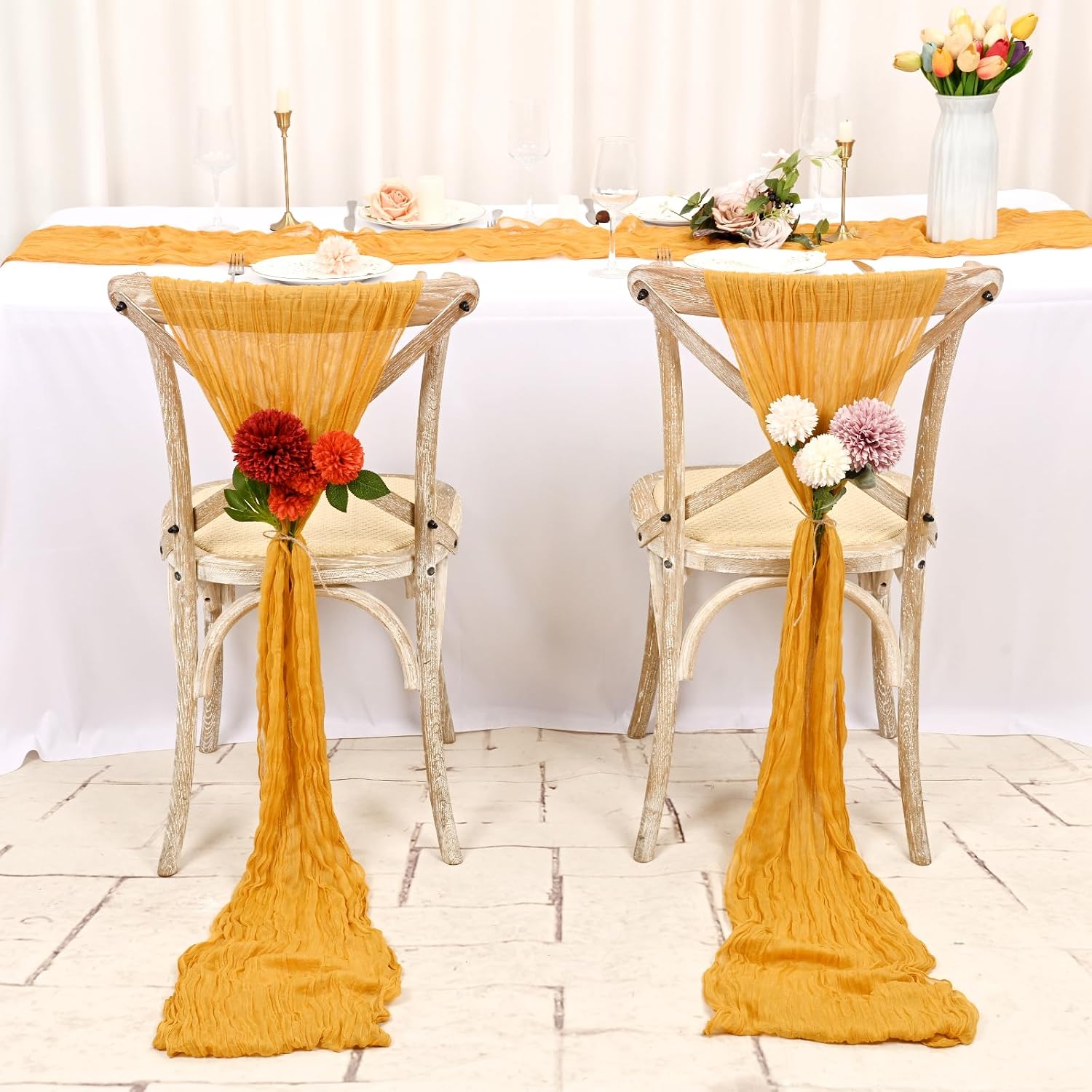 12 Pack Gold Cheesecloth Table Runner 10FT Cheese Cloths for Wedding Decor, 20x120inch Rustic Boho Gauze Table Runners for Wedding Party Bridal Shower Table Decoration