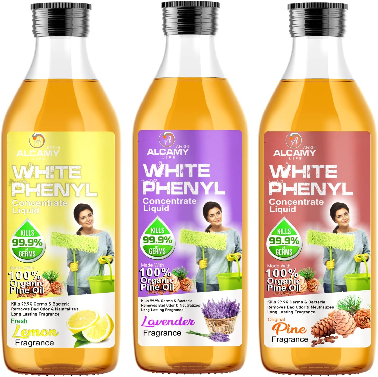 ARSHI A ALCAMY LIFE Disinfectant White Phenyl Concentrate Liquid | Lemon, Lavender & Original Pine Combo Pack | Makes 15 To 17 Litre Of Thick White Phenyl | 600 ML (200 ML X 3 Units)