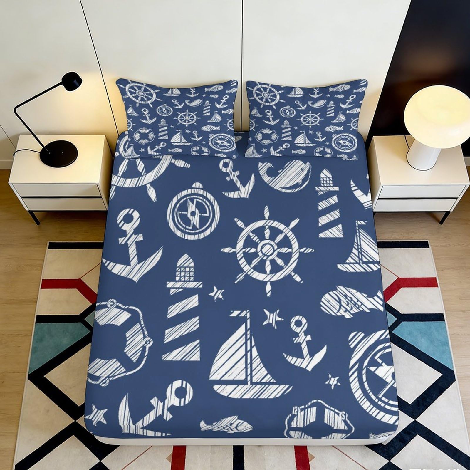 Jqzkxnhpbr Style-5 3D Printed Nautical Anchor Fitted Sheet Microfiber Soft Breathable Sailboat Bed Cover For Bedroom Dorm Mattress Protection Decor 90X200x25cm